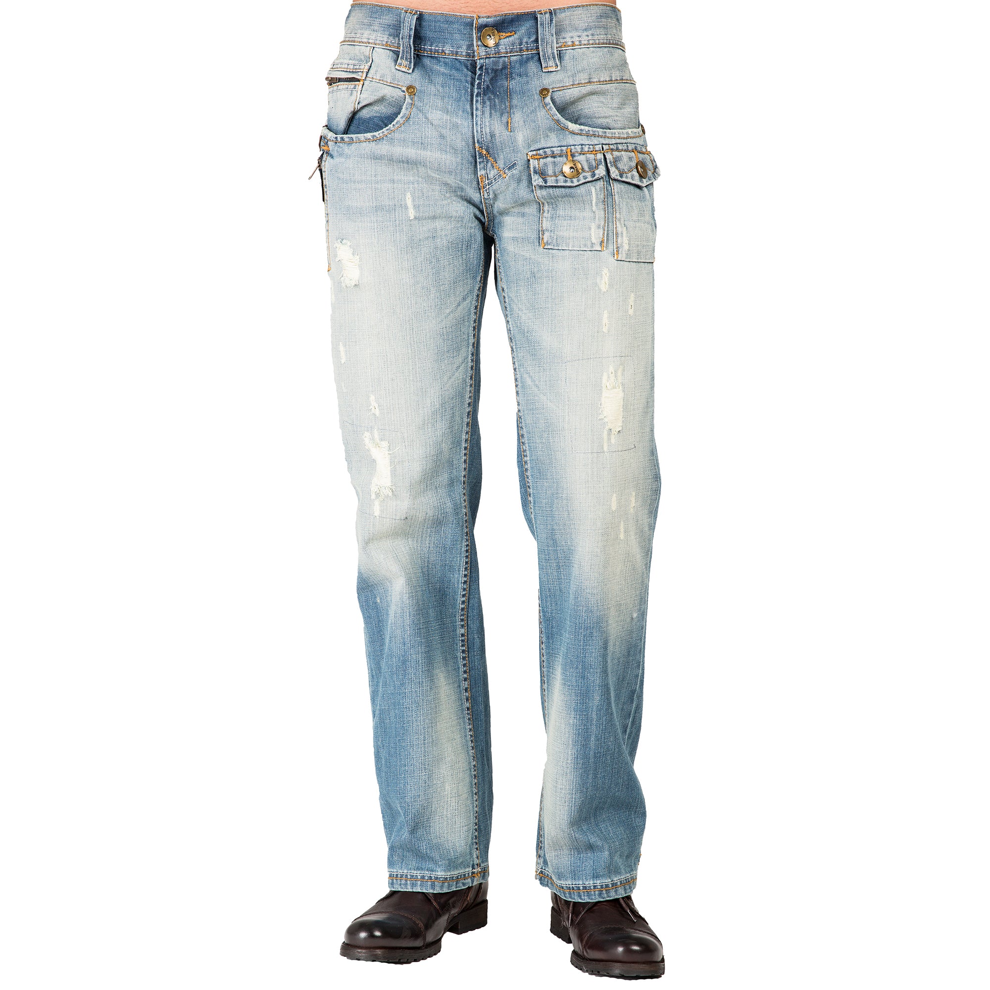 Men's Relaxed Bootcut Premium Denim Light blue Distressed Jean Zipper  Utility Pocket