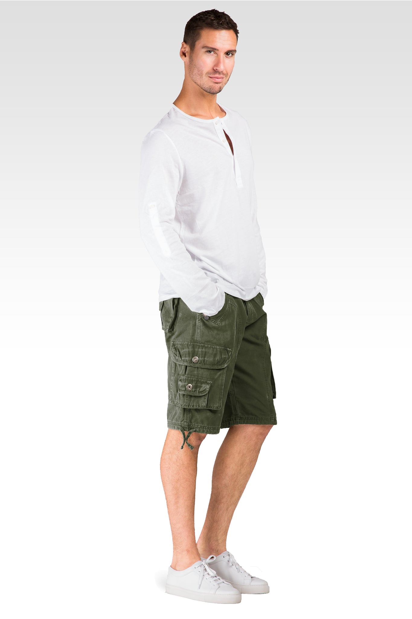 Relaxed Fit Mid-Rise Fatigue Olive Premium Canvas 13" Utility Shorts Cargo Pockets