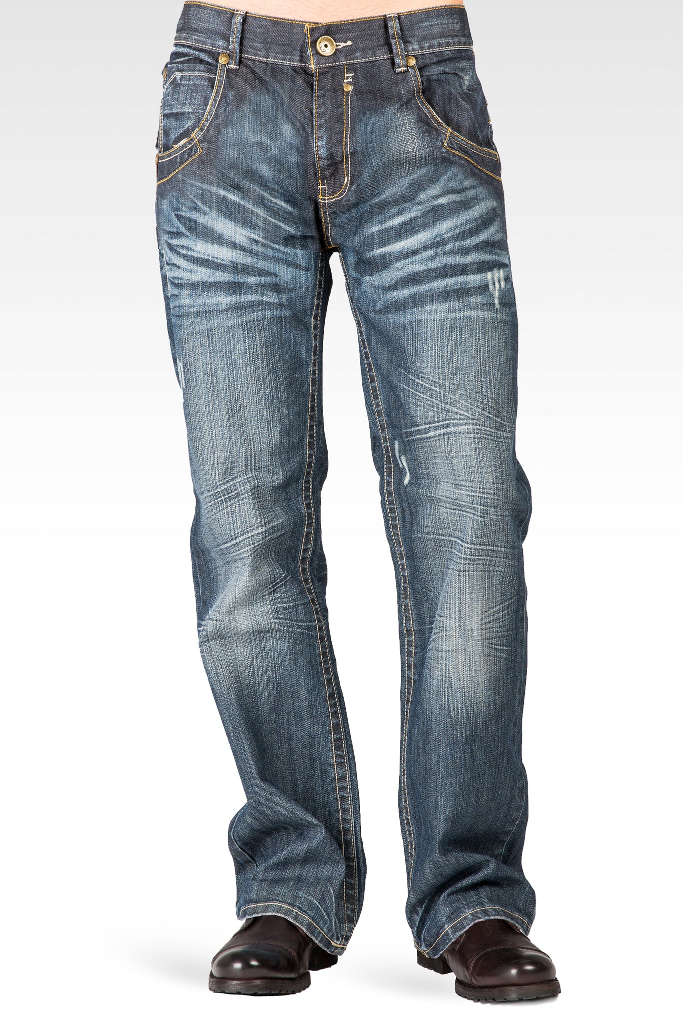 Men's Relaxed Bootcut Premium Denim Medium Blue Distressed Jean Zipper Utility Pocket