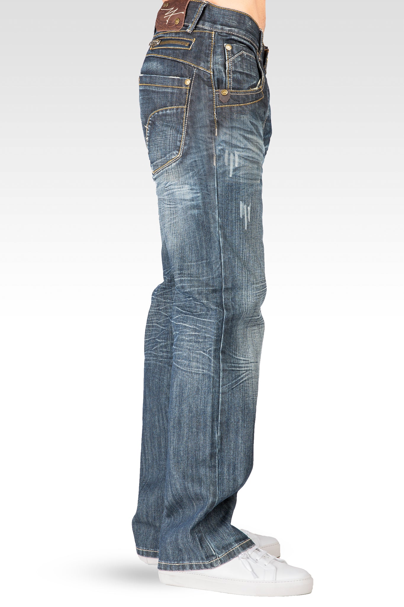 Men's Relaxed Bootcut Premium Denim Medium Blue Distressed Jean Zipper Utility Pocket