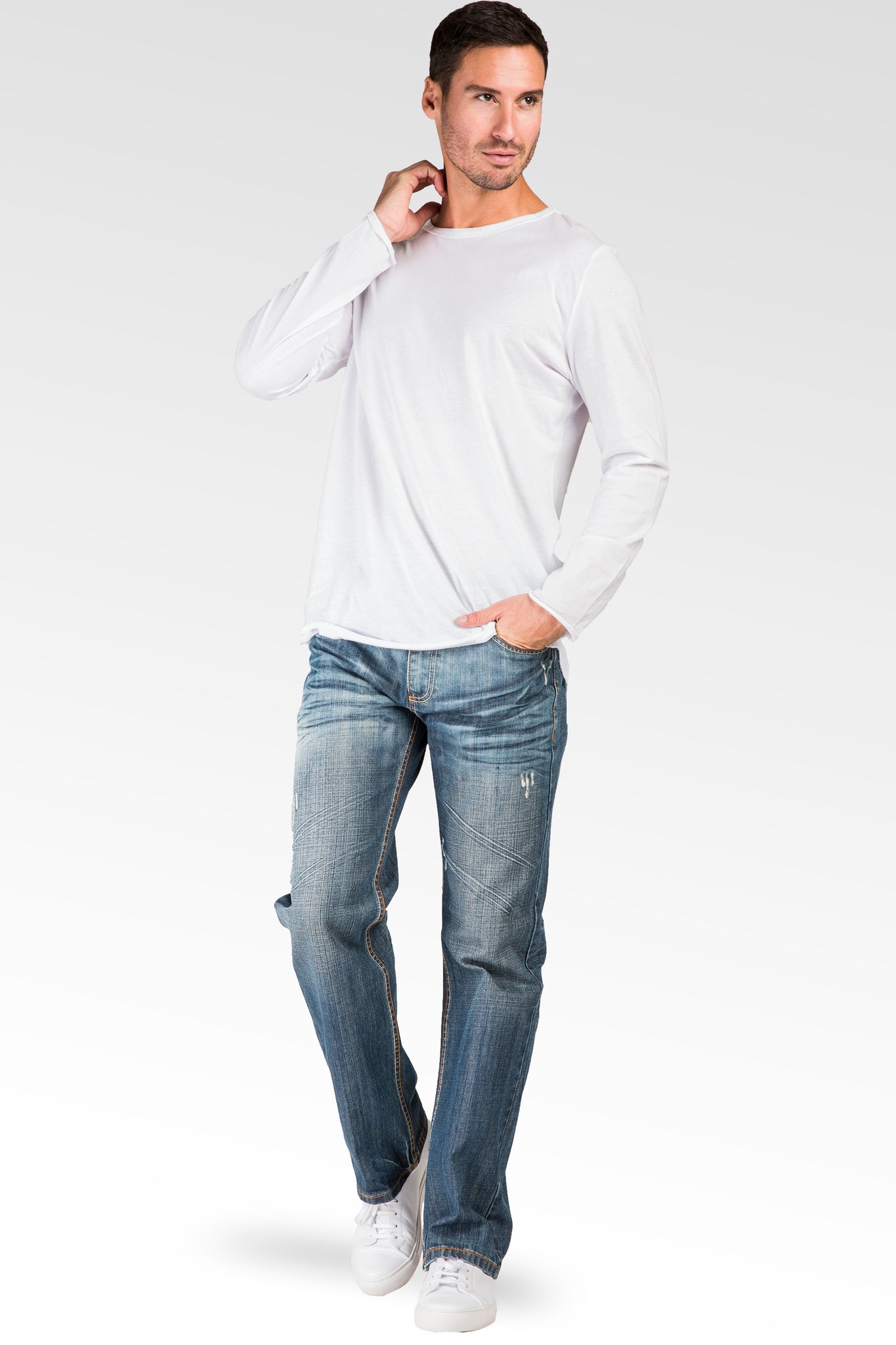 Midrise Relax Bootcut Premium Denim Signature 5-Pocket Jeans Whiskering Scratching