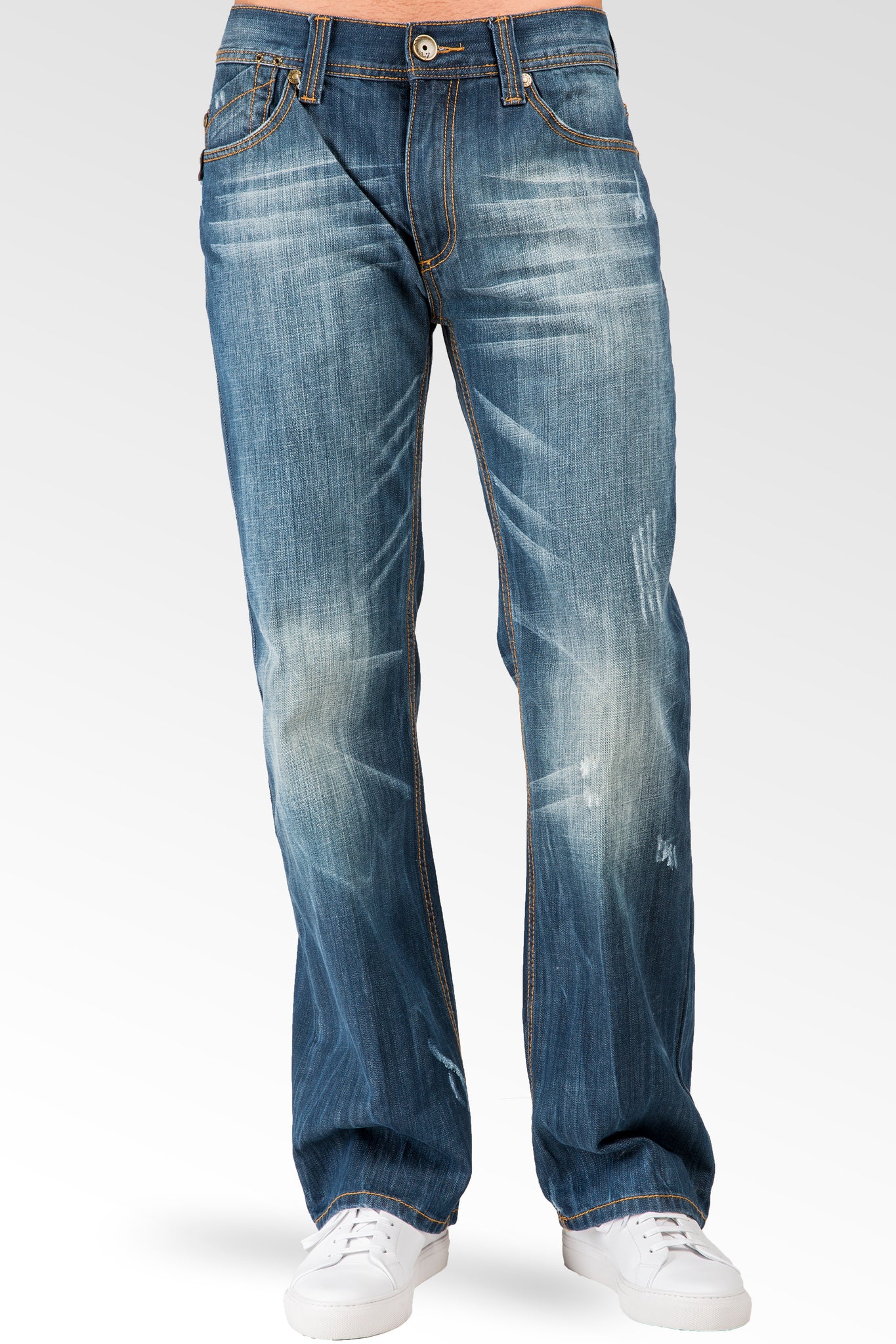 Men's Midrise Relaxed Bootcut Ghost Rider Premium Denim 5 Pocket Jeans Veining & whiskering