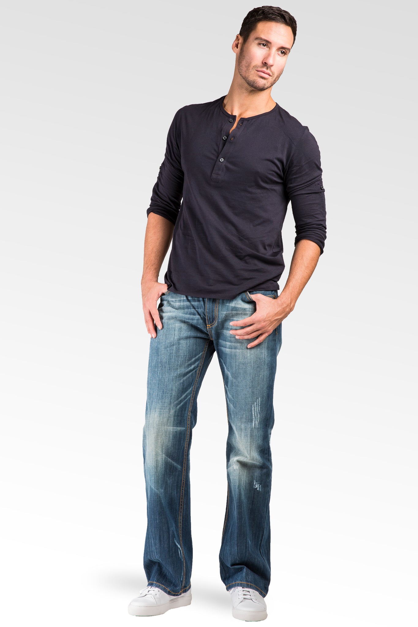 Men's Midrise Relaxed Bootcut Ghost Rider Premium Denim 5 Pocket Jeans Veining & whiskering