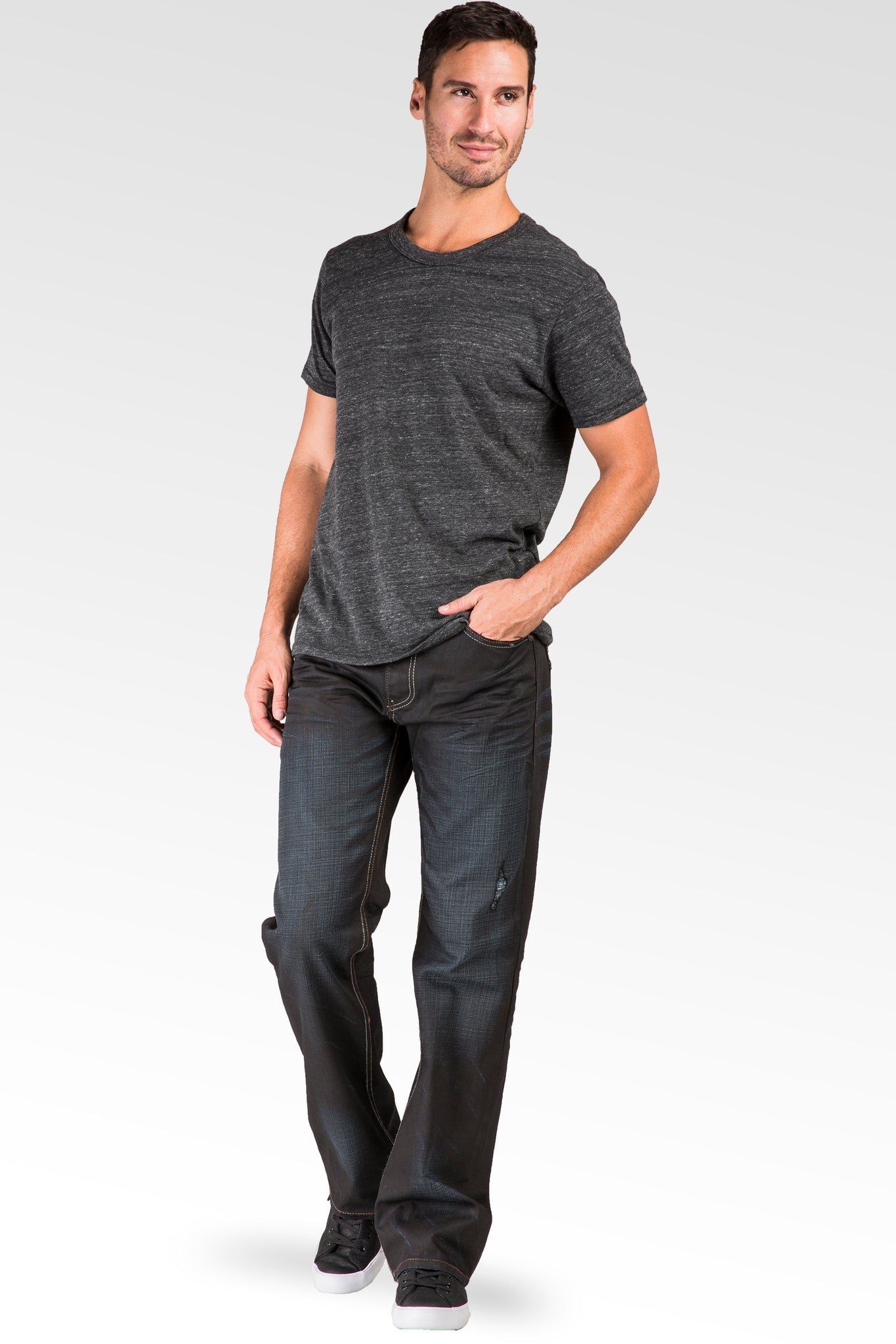 Men's Relaxed Bootcut Black Premium Denim 5 Pocket Jeans Black Overspray Coating