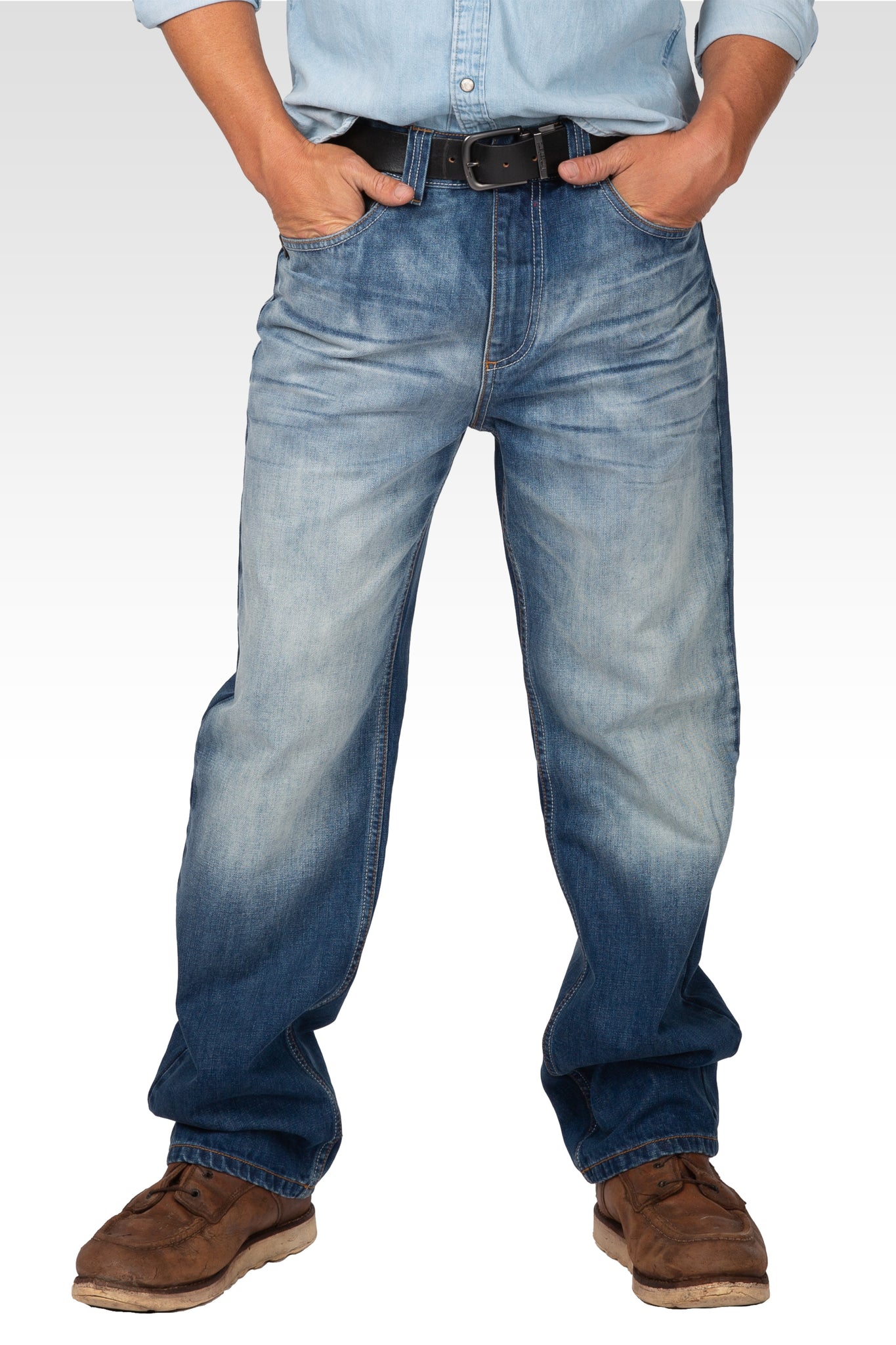 Midrise Relaxed Bootcut Blue Boy Wash Premium Denim Jeans Whiskering Hand Sanded