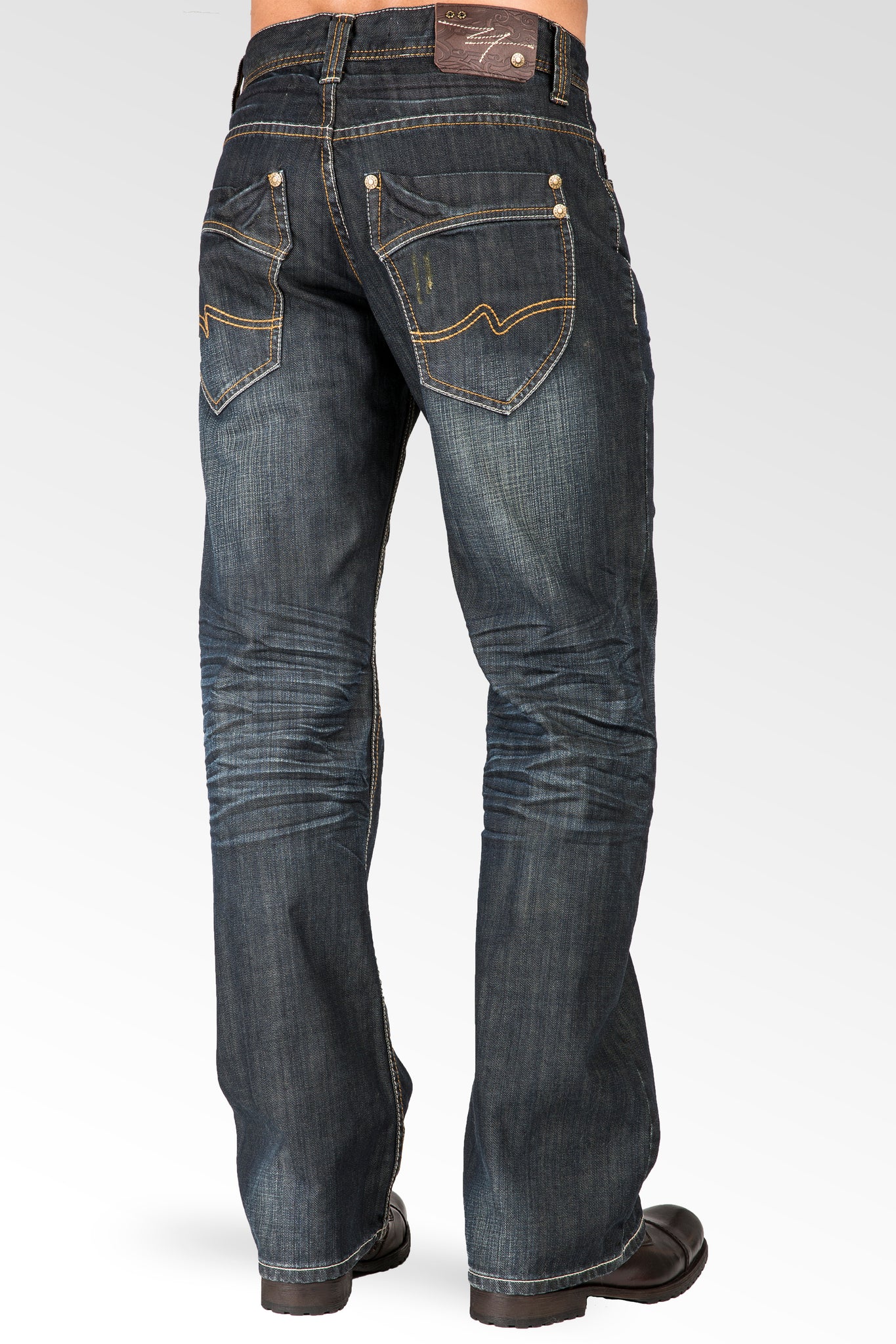 Midrise Relaxed Bootcut Vintage Dark Hand Rub Premium Denim 5 Pocket Jeans Whiskering