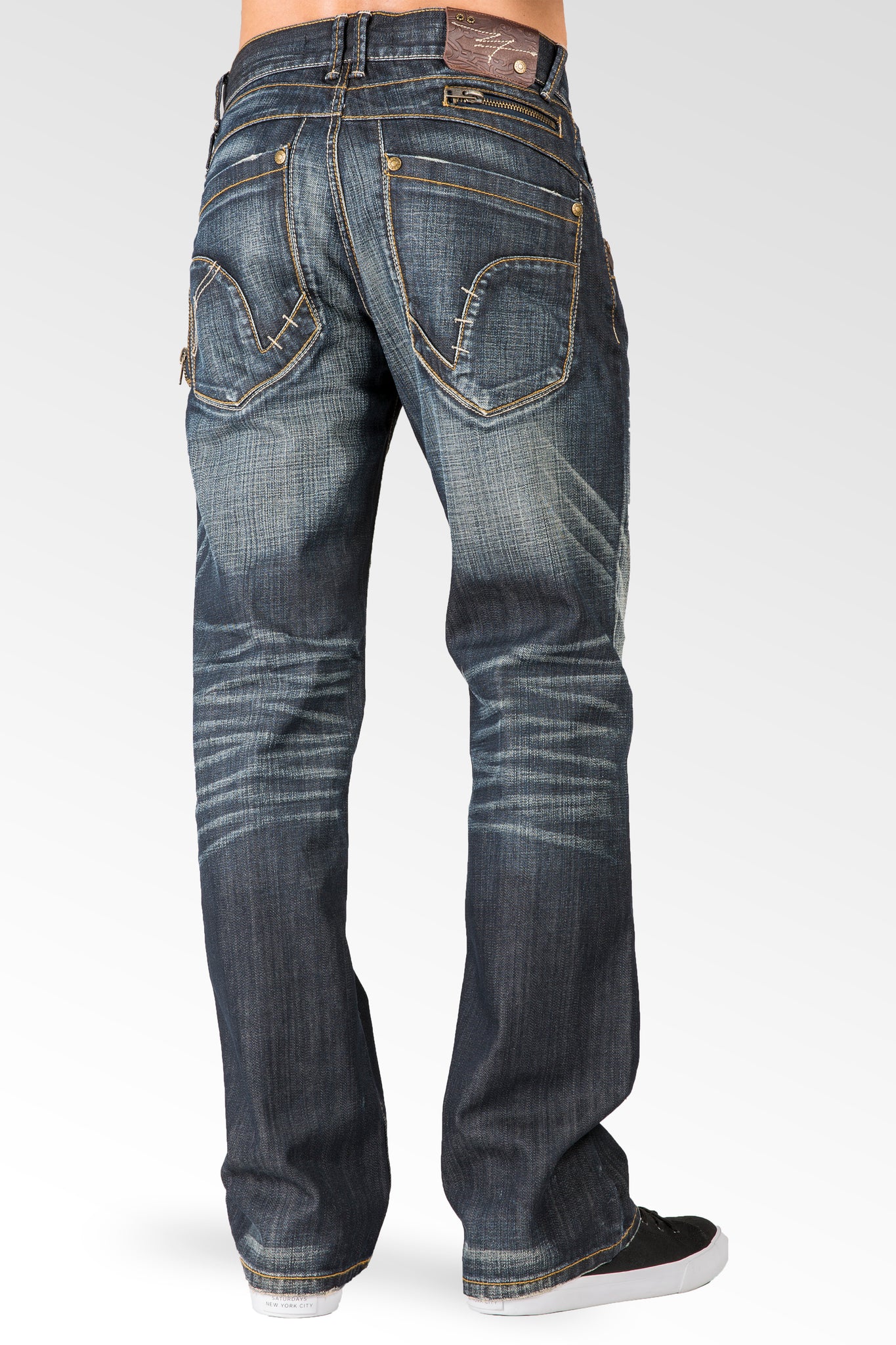 Men's Relaxed Bootcut Coated Premium Denim Jeans Hand Sanding Whisker Zipper Pockets