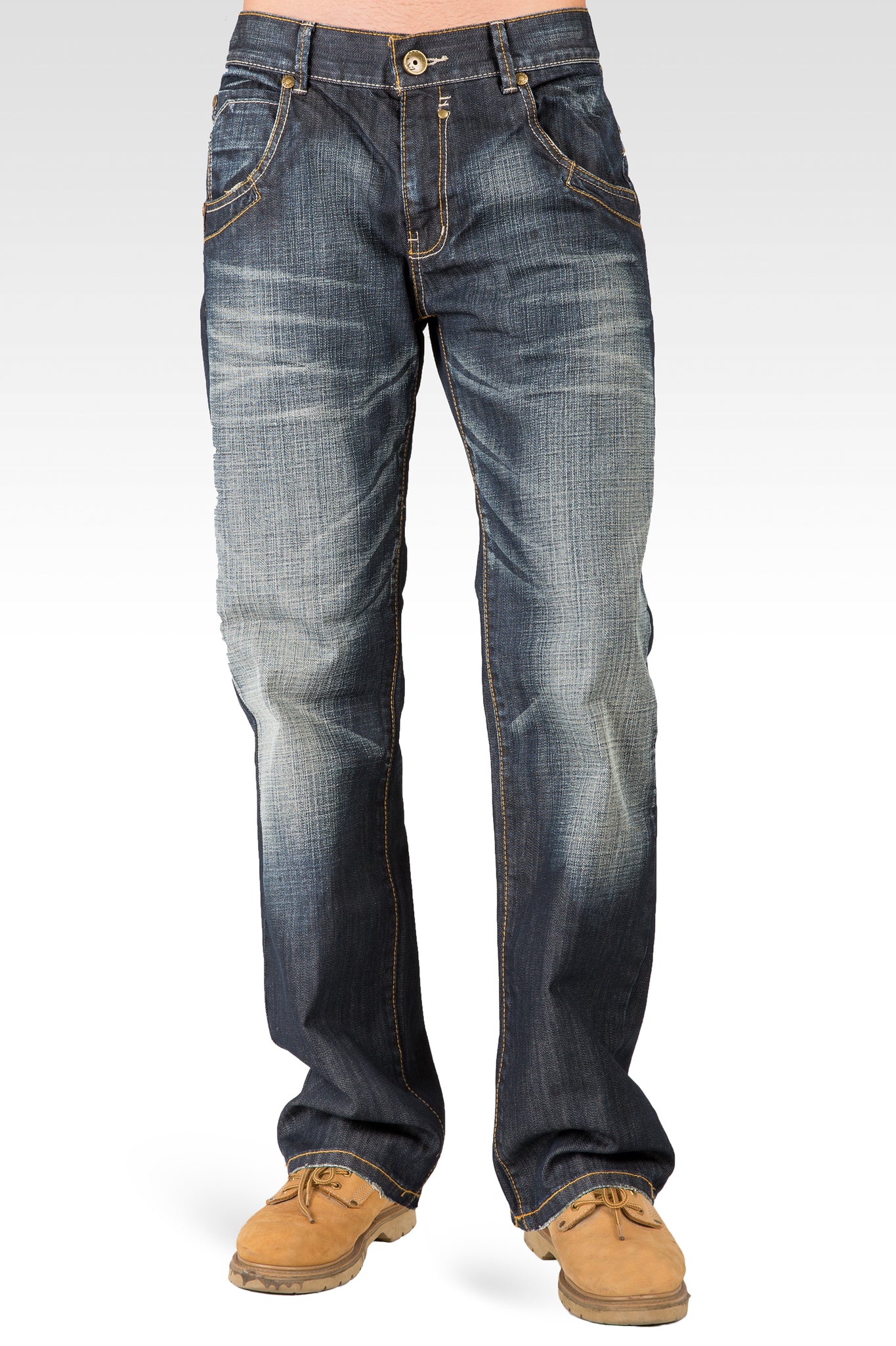 Men's Relaxed Bootcut Coated Premium Denim Jeans Hand Sanding Whisker Zipper Pockets