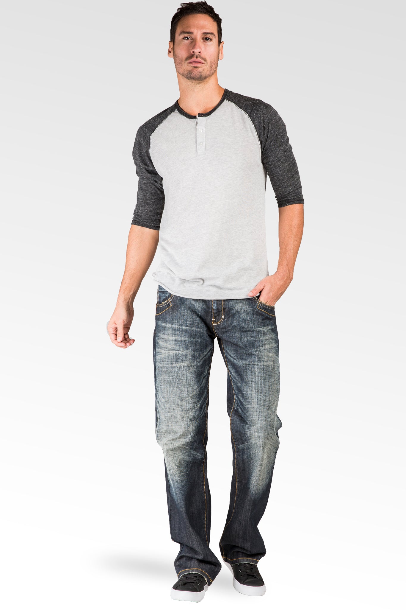 Men's Relaxed Bootcut Coated Premium Denim Jeans Hand Sanding Whisker Zipper Pockets