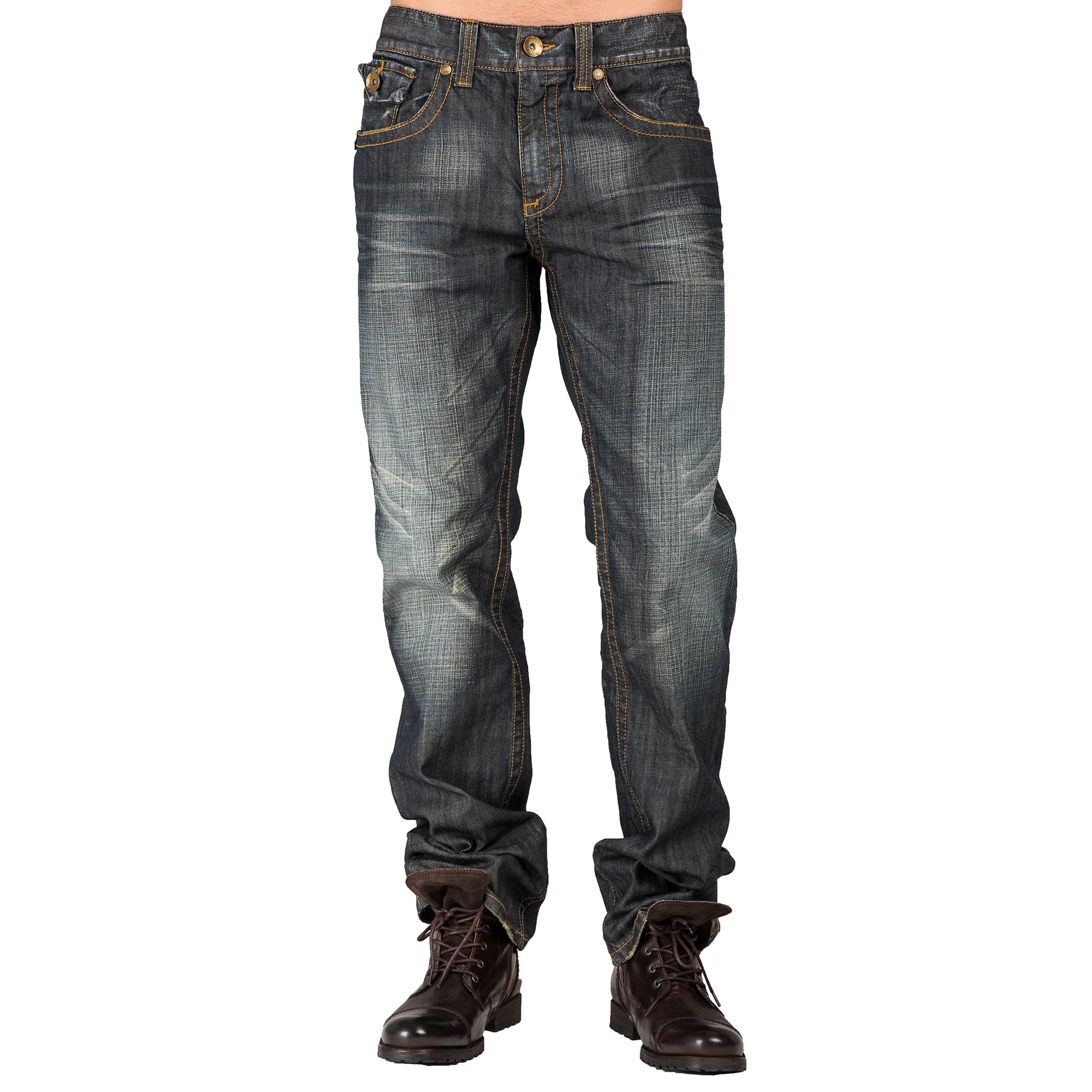 Relaxed Straight Dark Vintage Zip Premium Denim Zip utility Pocket Jeans Hand Sanding