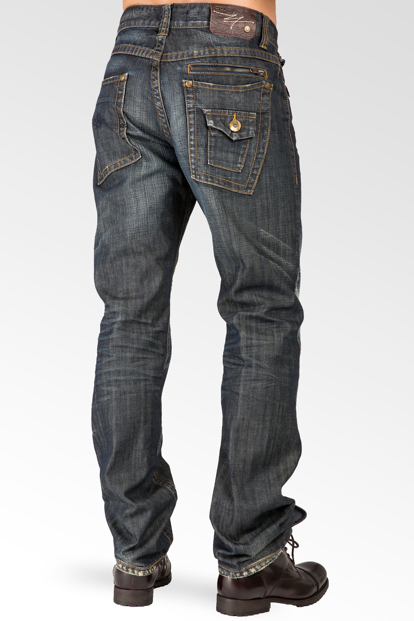 Relaxed Straight Dark Vintage Zip Premium Denim Zip utility Pocket Jeans Hand Sanding