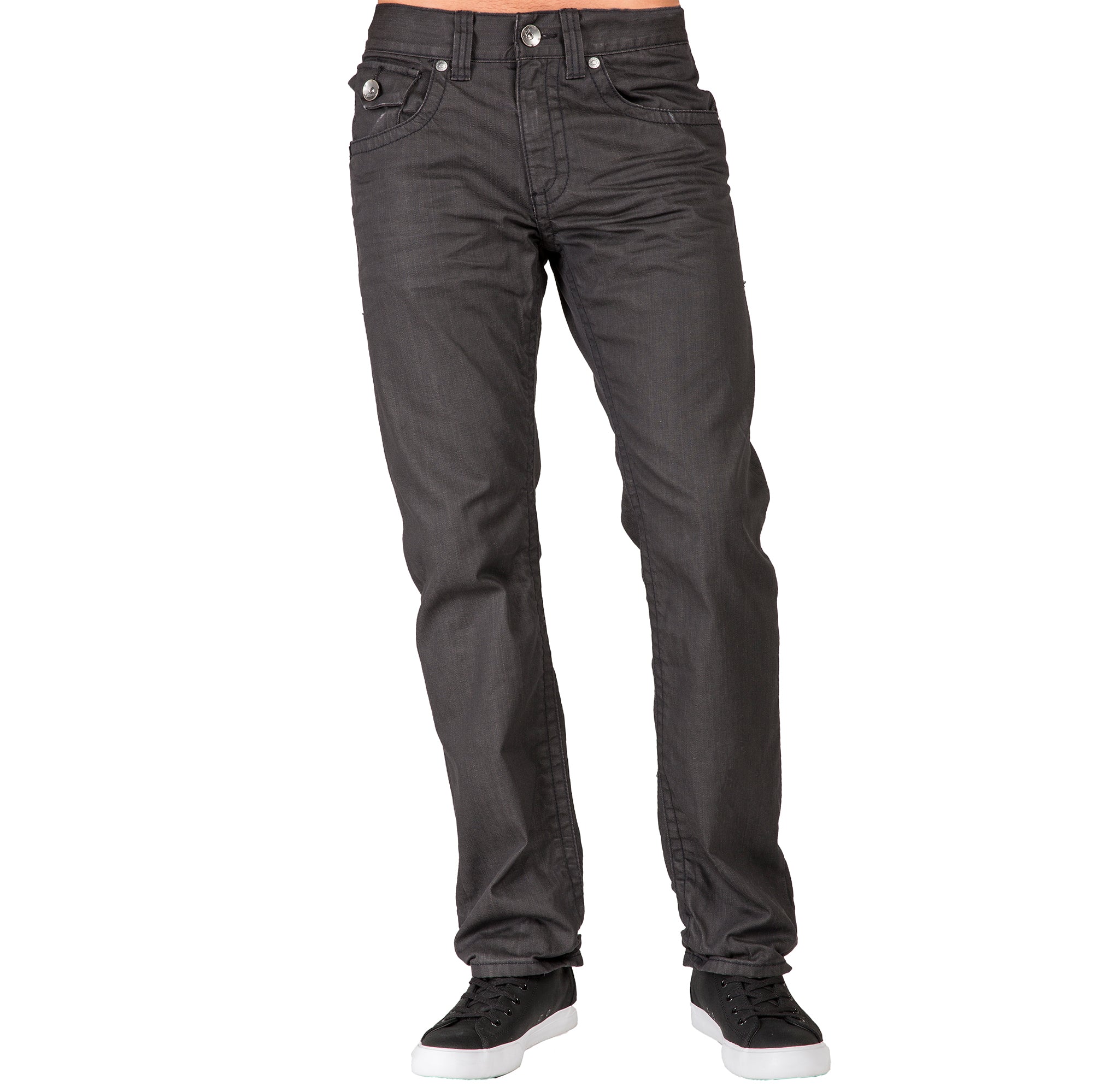 Black Premium Coated Denim Relaxed Straight Jeans Throwback Style Zipper  Trim Pockets