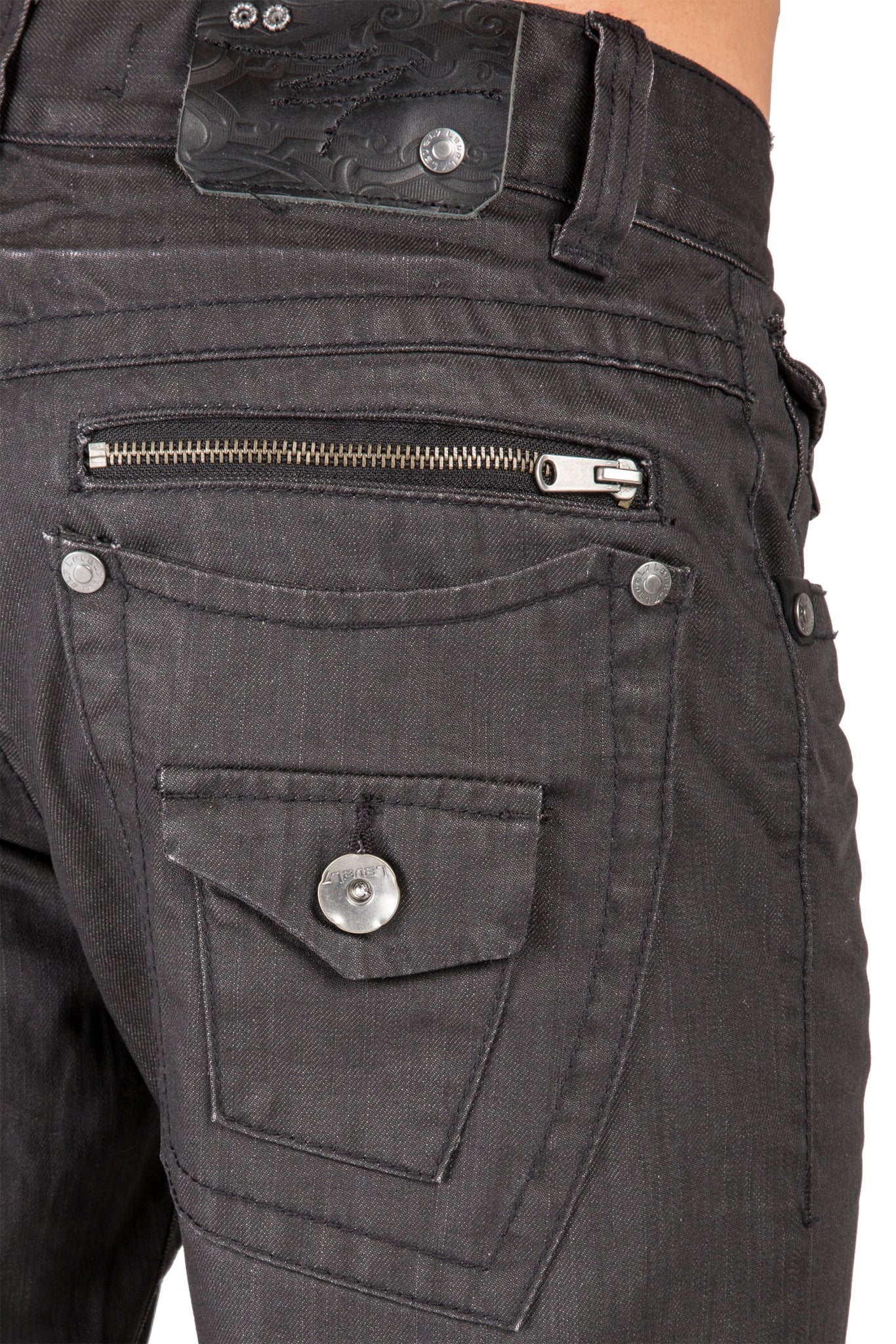 Black Premium Coated Denim Relaxed Straight Jeans Throwback Style Zipper Trim Pockets