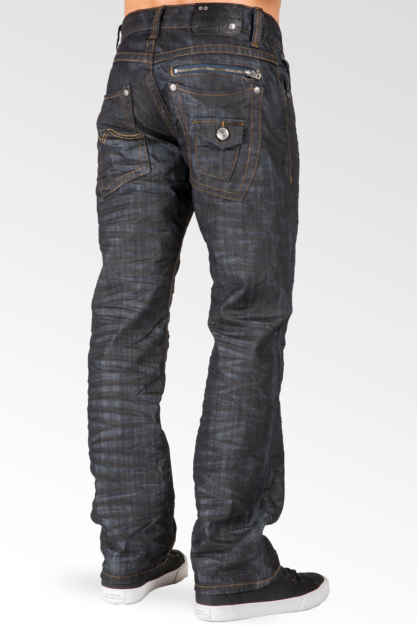 Midrise Relaxed Straight Leg Black Whisker Coating Premium Denim Jeans Zip Back pocket