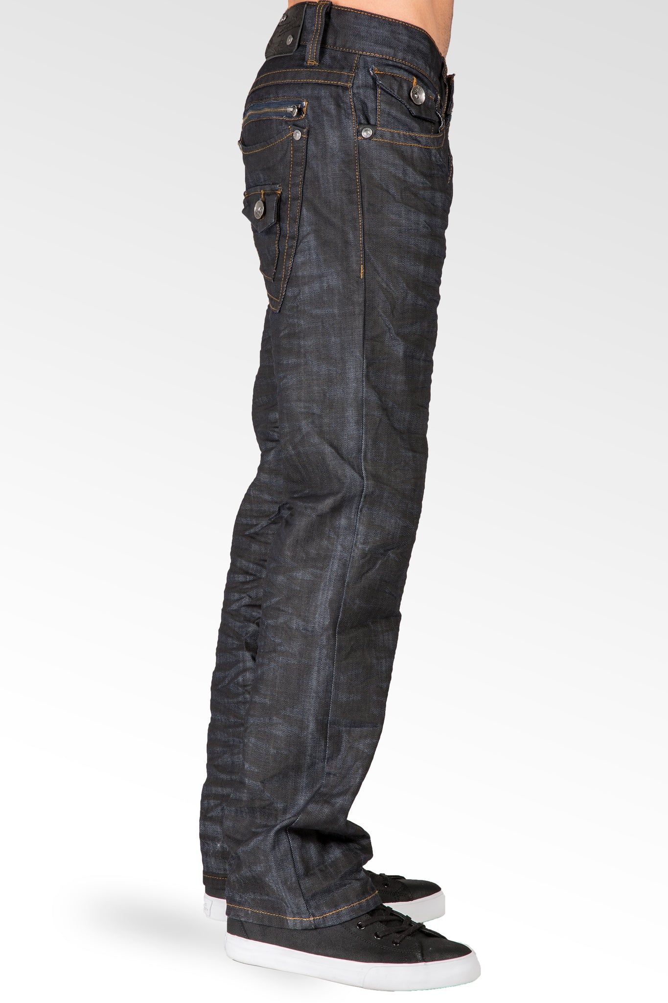 Midrise Relaxed Straight Leg Black Whisker Coating Premium Denim Jeans Zip Back pocket