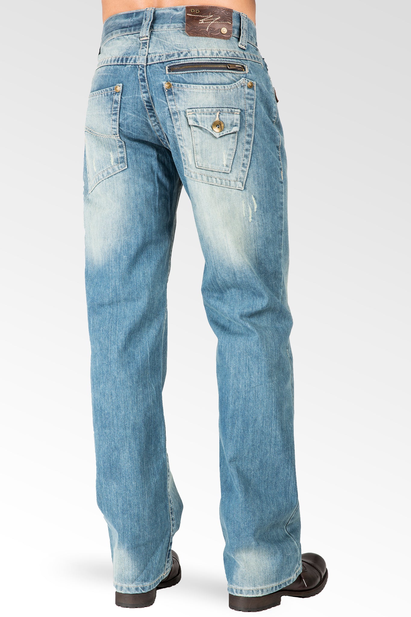 Light Blue Distressed Premium Denim Relaxed Straight Jeans Zipper Trim Pockets Khaki Tinted