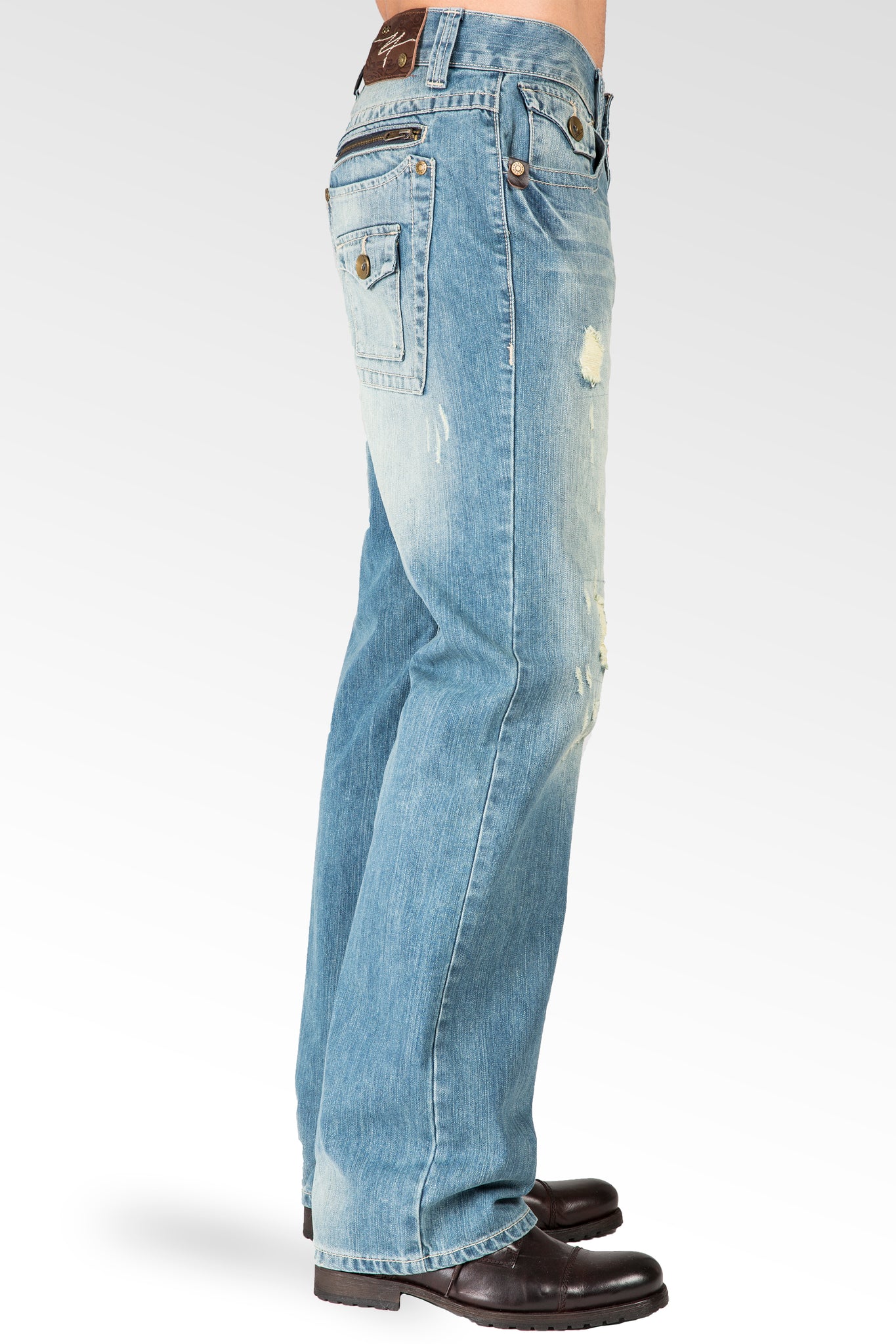 Light Blue Distressed Premium Denim Relaxed Straight Jeans Zipper Trim Pockets Khaki Tinted
