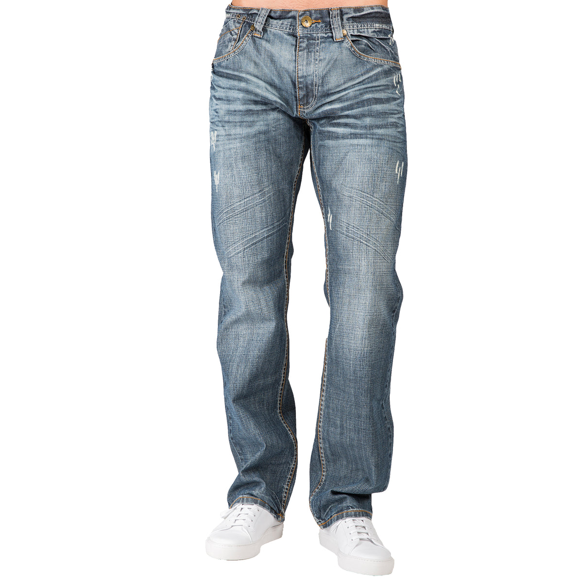 Level 7 Men's Relaxed Straight Whiskering Distressed Medium Blue Jean ...