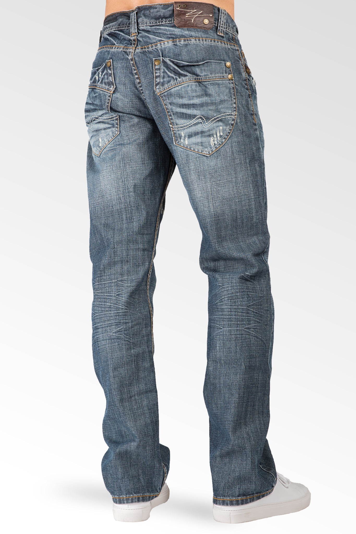 Relaxed Straight Medium Blue Distressed Premium Denim Signature 5 Pocket Jeans Whiskering