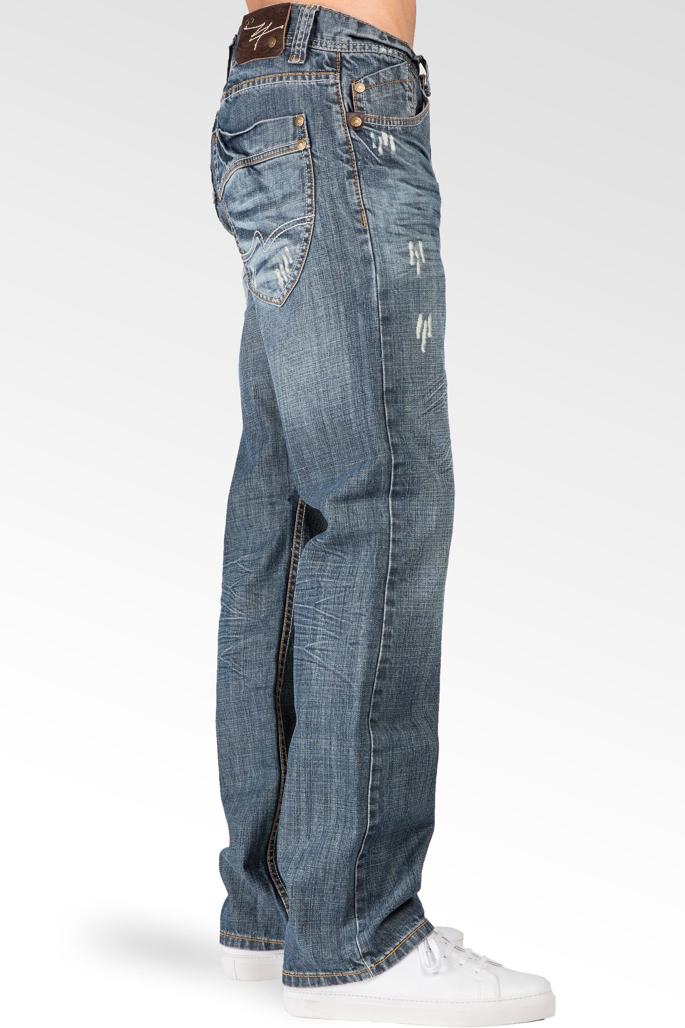 Relaxed Straight Medium Blue Distressed Premium Denim Signature 5 Pocket Jeans Whiskering