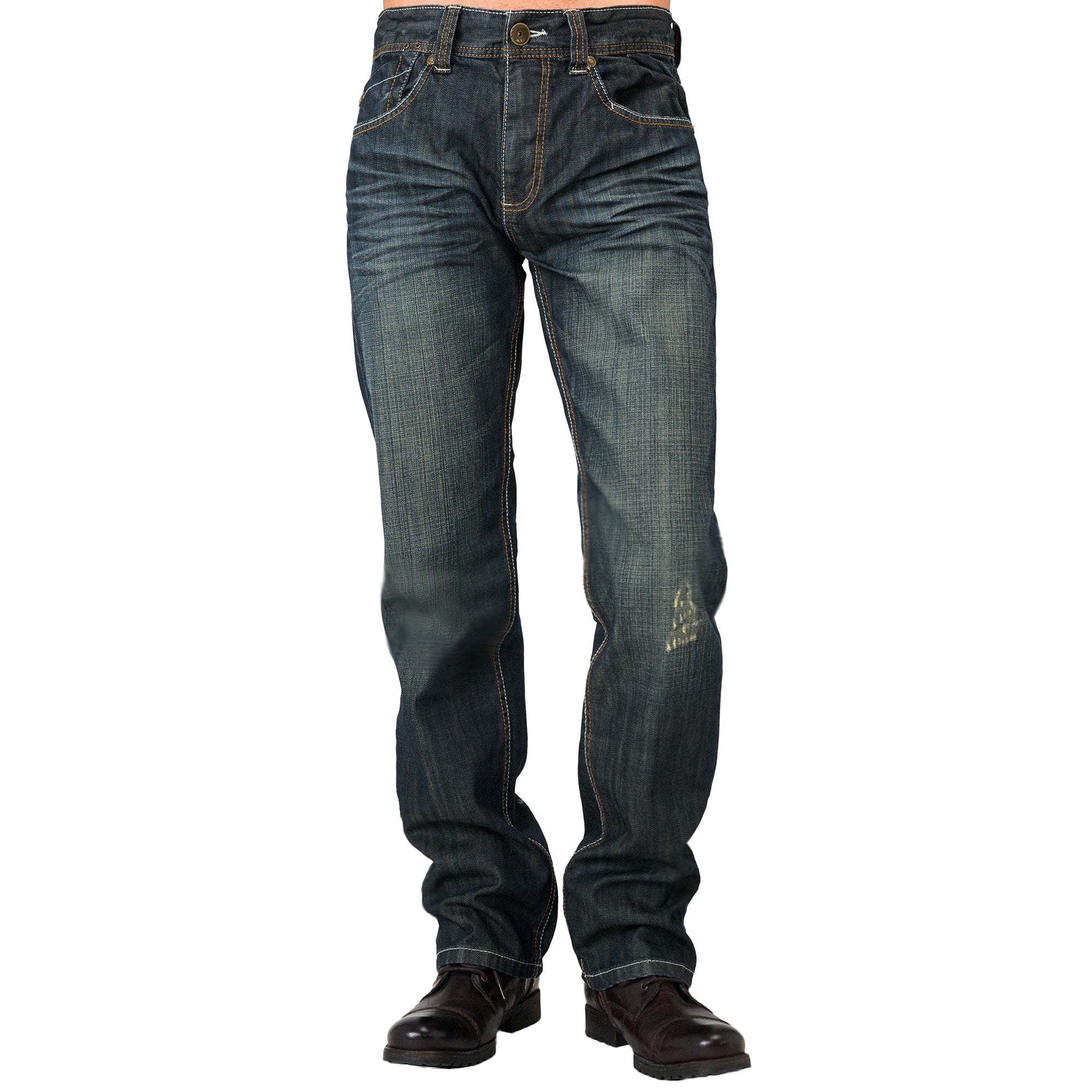 Men's Relaxed Straight Signature Stone Wash Dark Blue Distressed Premium  Denim Jeans