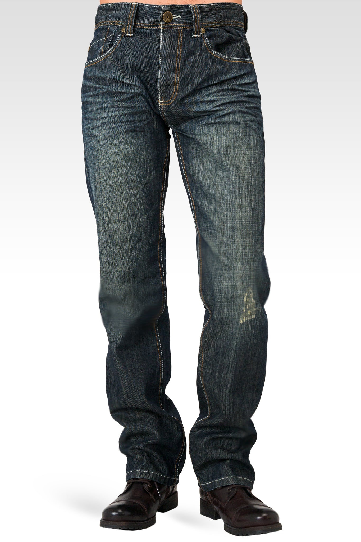 Men's Relaxed Straight Signature Stone Wash Dark Blue Distressed Premium Denim Jeans