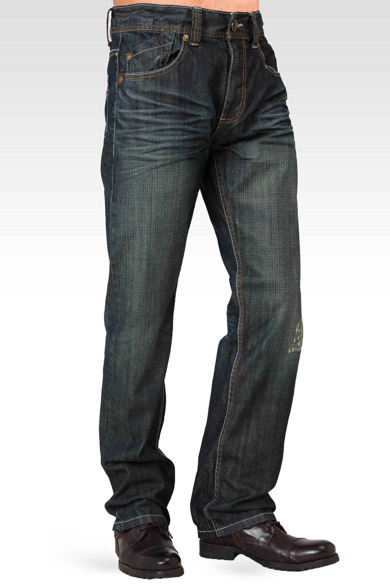 Men's Relaxed Straight Signature Stone Wash Dark Blue Distressed Premium Denim Jeans