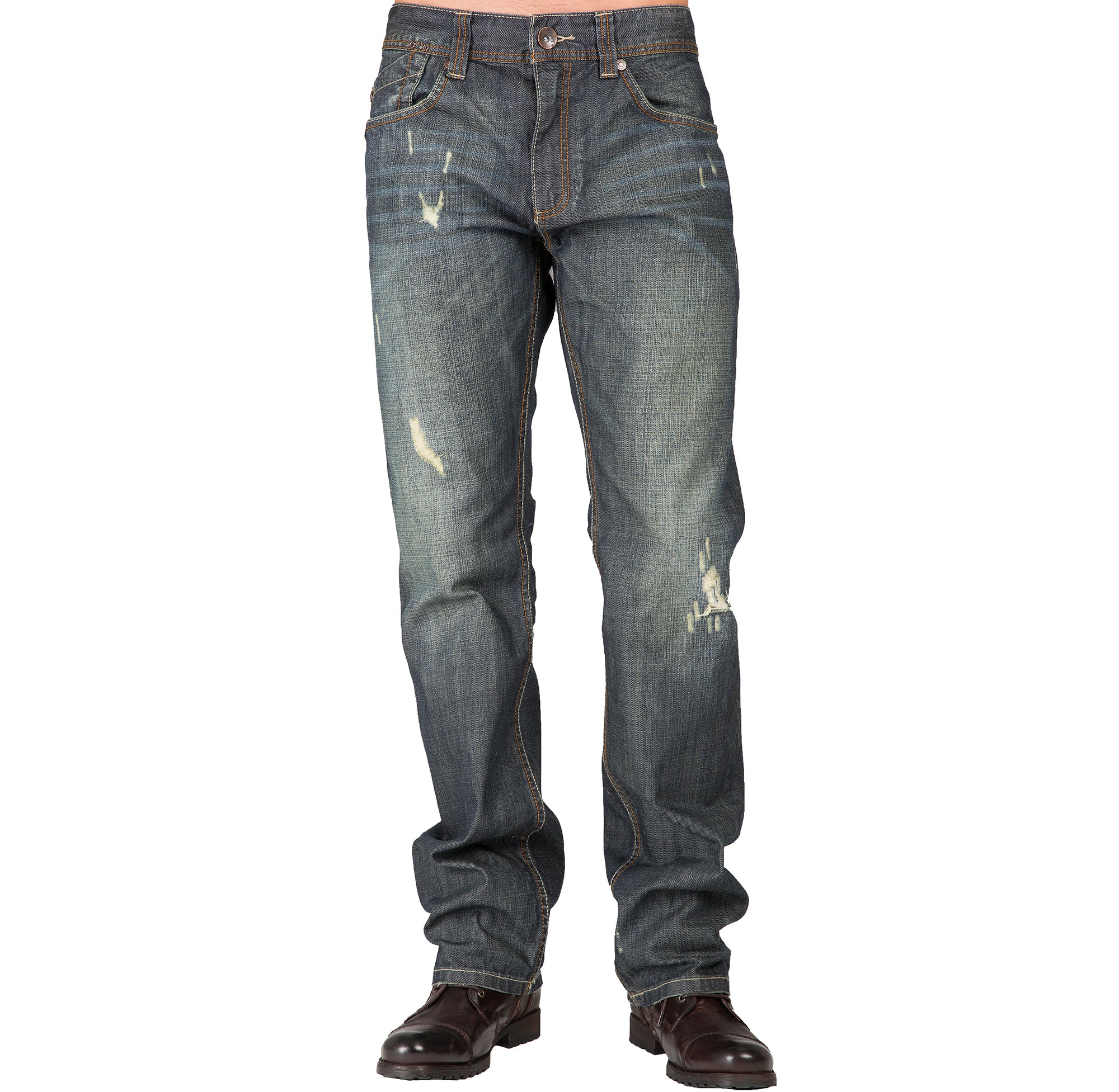 Relaxed Straight Vintage Premium Denim Distressed Signature 5 Pocket Jeans Whiskering