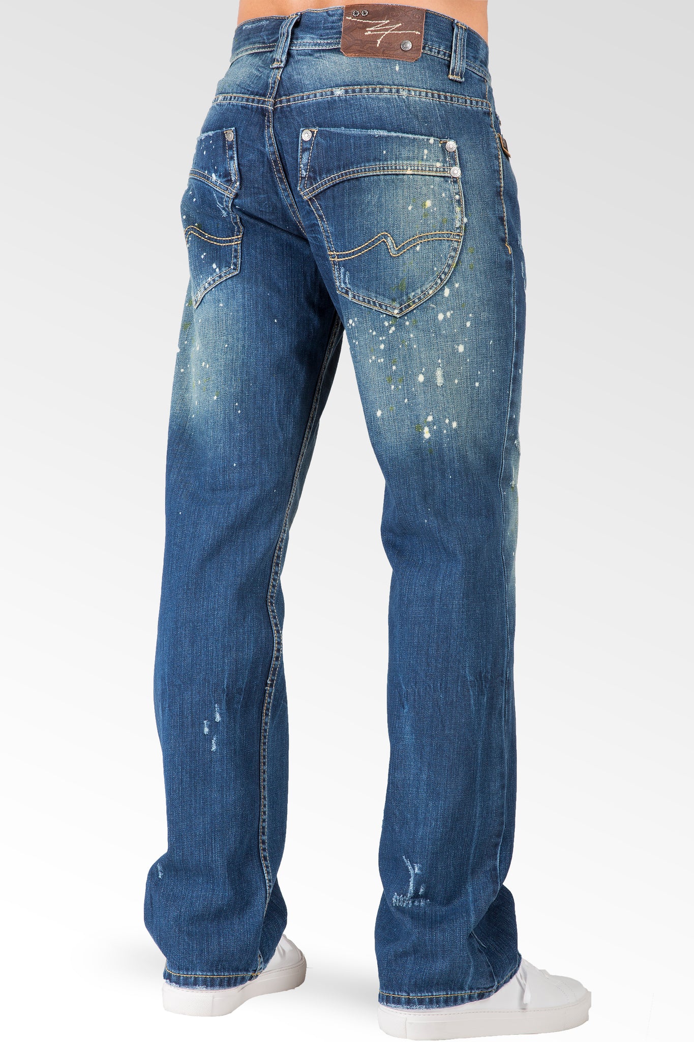 Men's Relaxed Straight Blue Distressed Premium Denim Signature Stone Wash Jeans