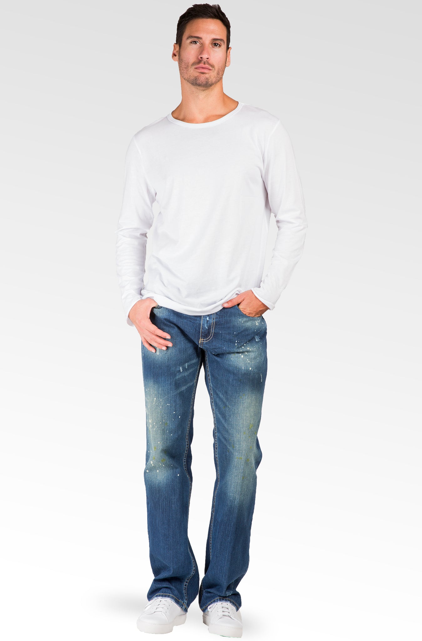 Men's Relaxed Straight Blue Distressed Premium Denim Signature Stone Wash Jeans