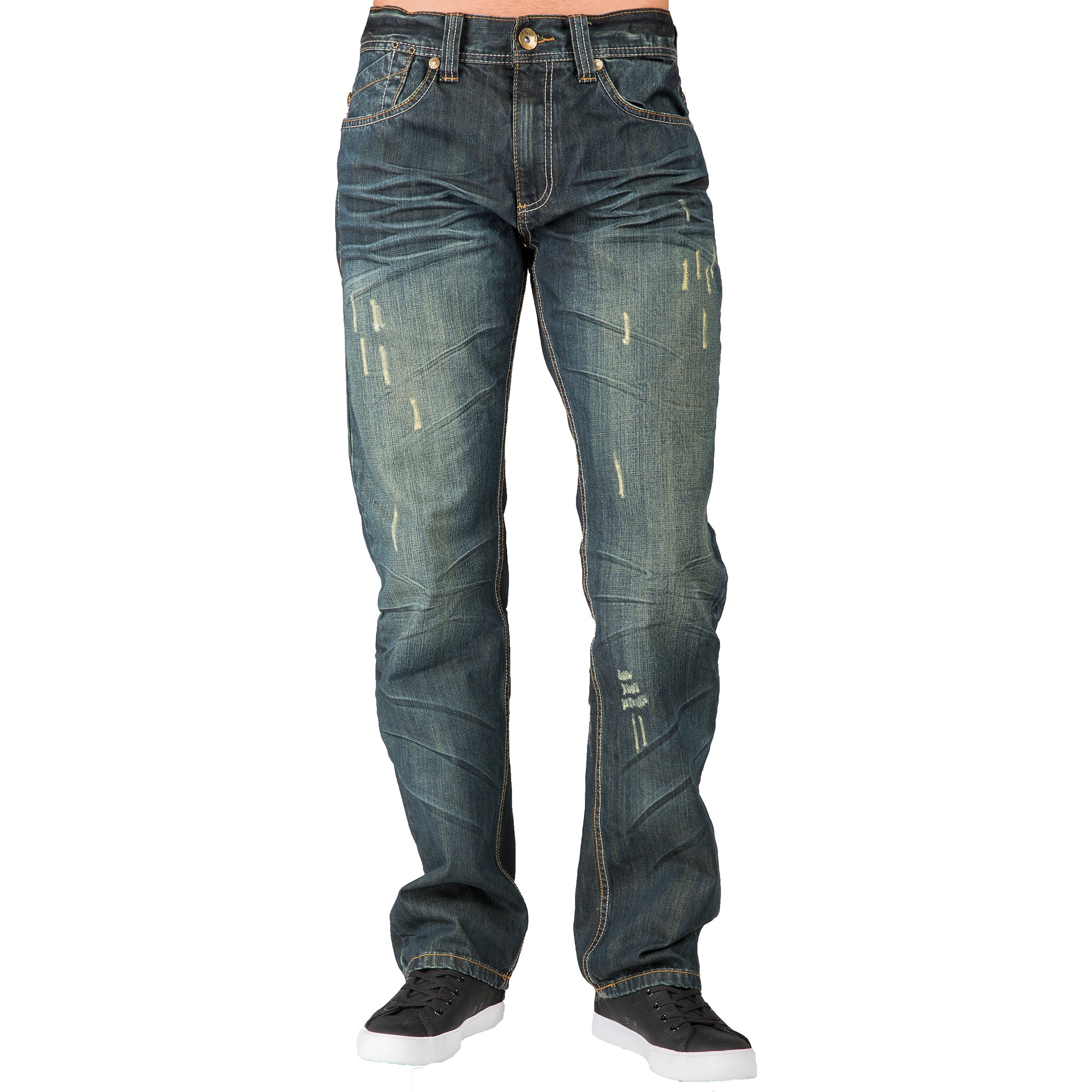 Blue Tint Relaxed Straight Leg Premium Denim Jeans Signature 5 Pocket Scratching Whisker