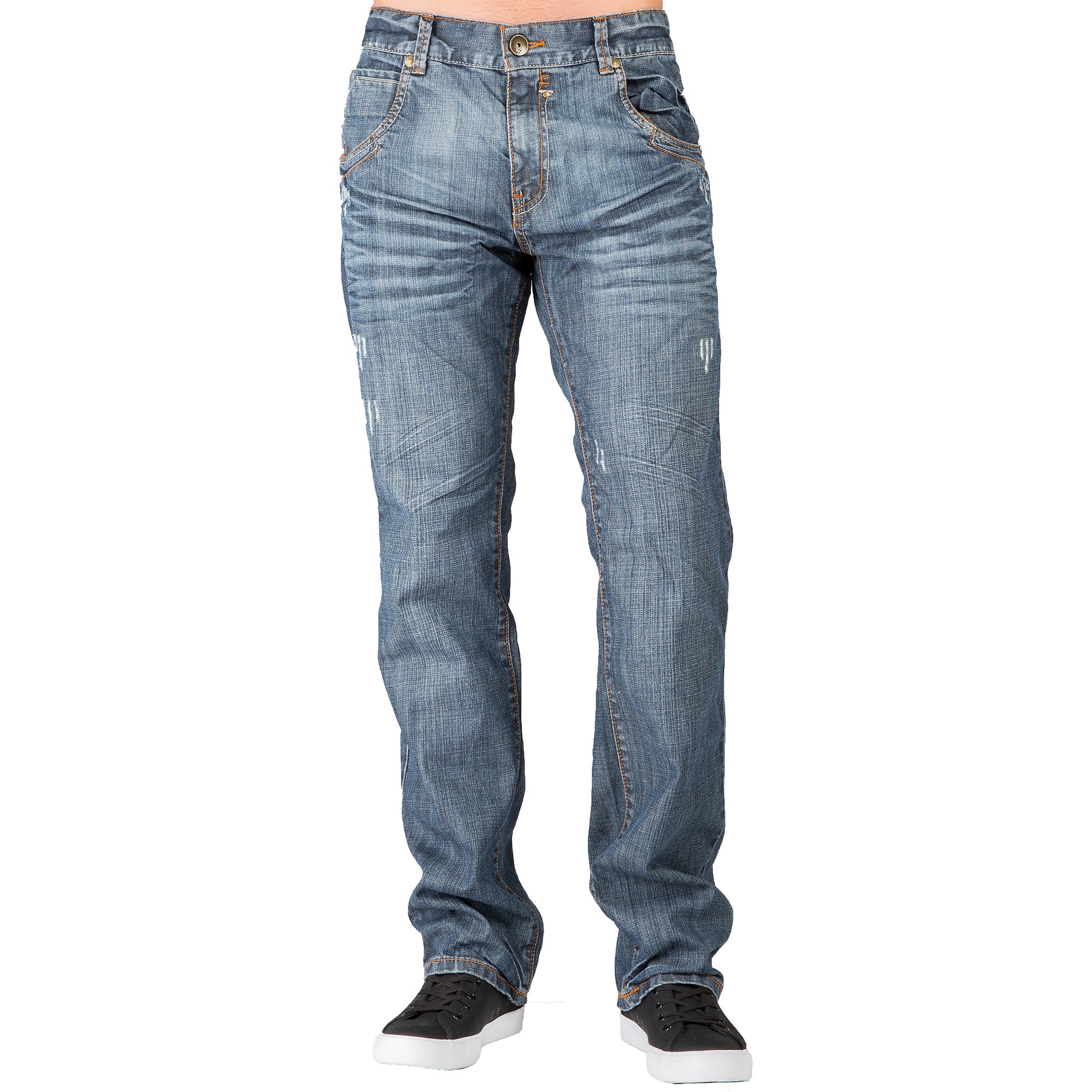 Relaxed Straight Medium Blue Distressed Premium Denim Jeans Zipper Trim Pocket