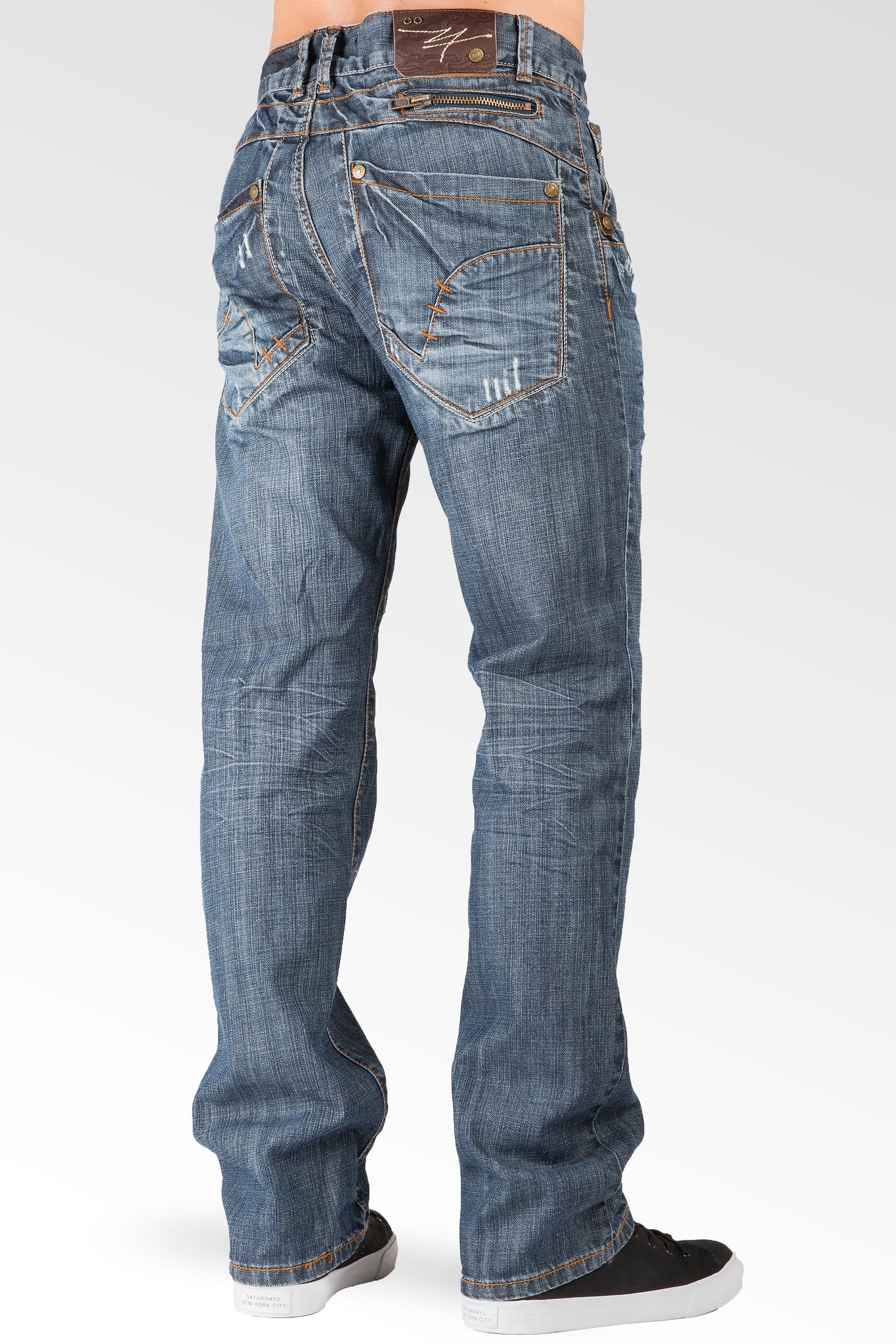 Relaxed Straight Medium Blue Distressed Premium Denim Jeans Zipper Trim Pocket