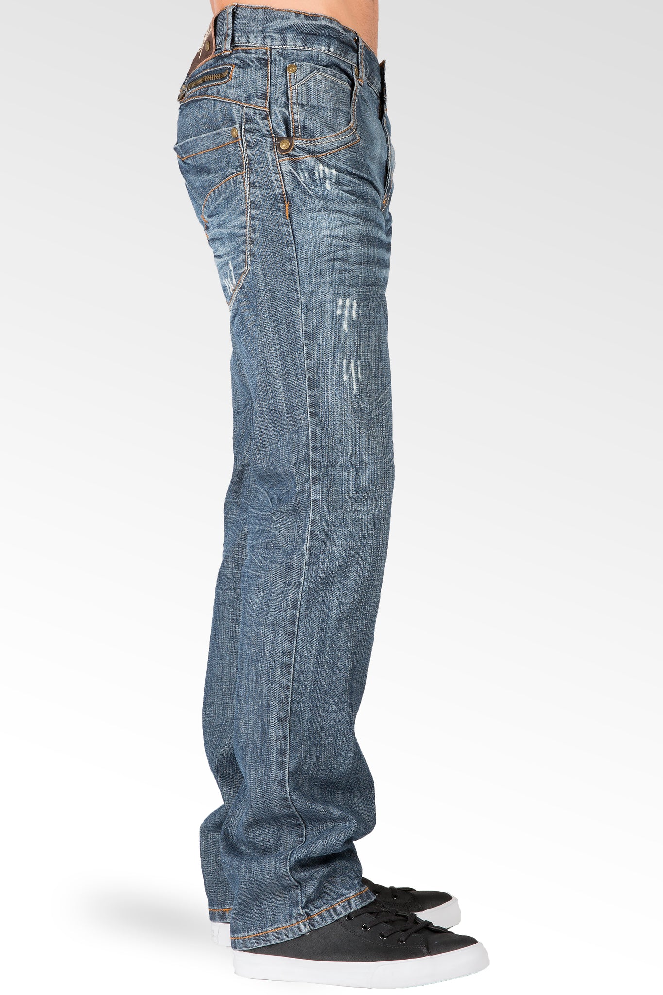 Relaxed Straight Medium Blue Distressed Premium Denim Jeans Zipper Trim Pocket