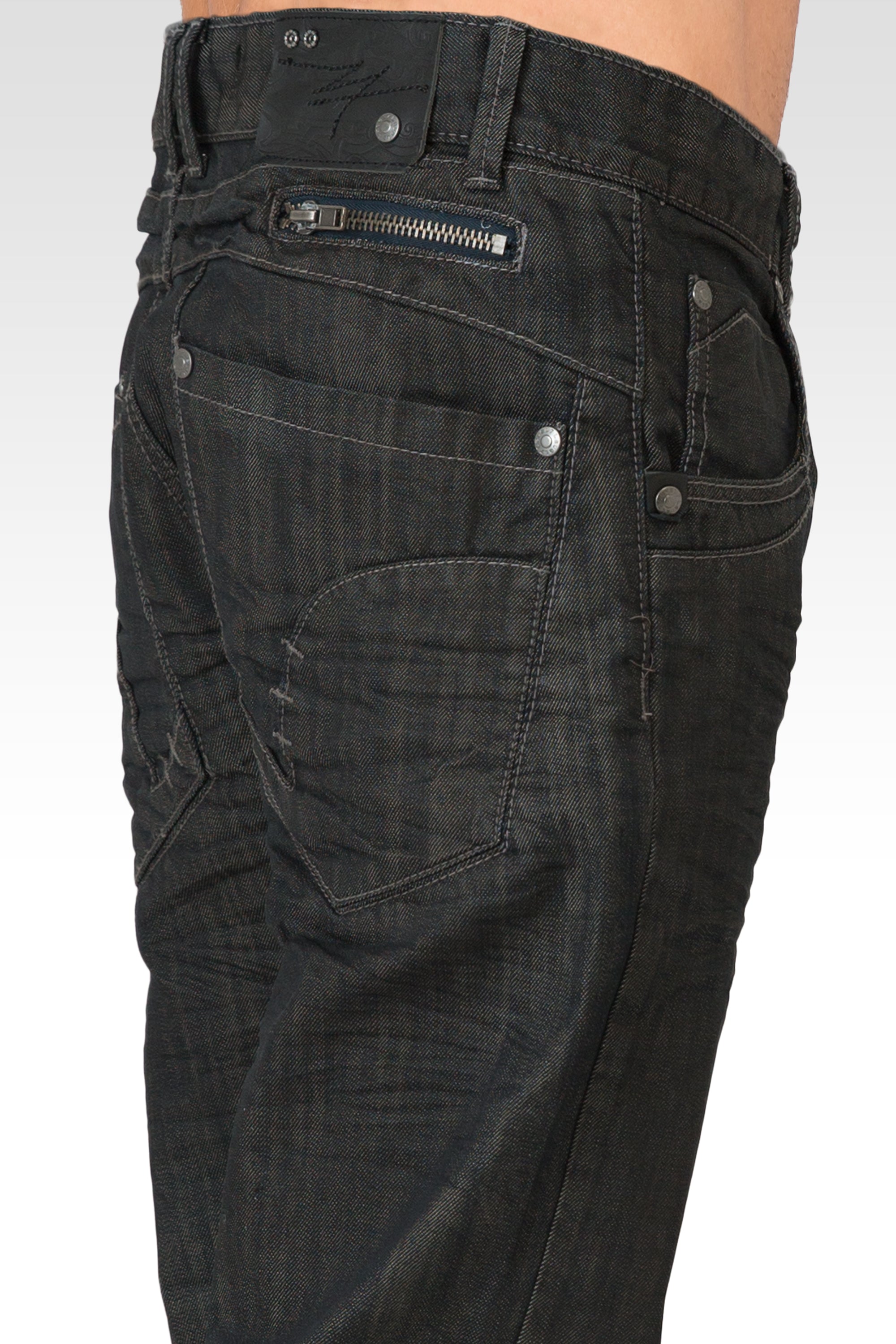 Level 7 Men's Relaxed Straight Dark Blue Oil Stain Zipper Pocket Denim Jeans  – Level 7 Jeans