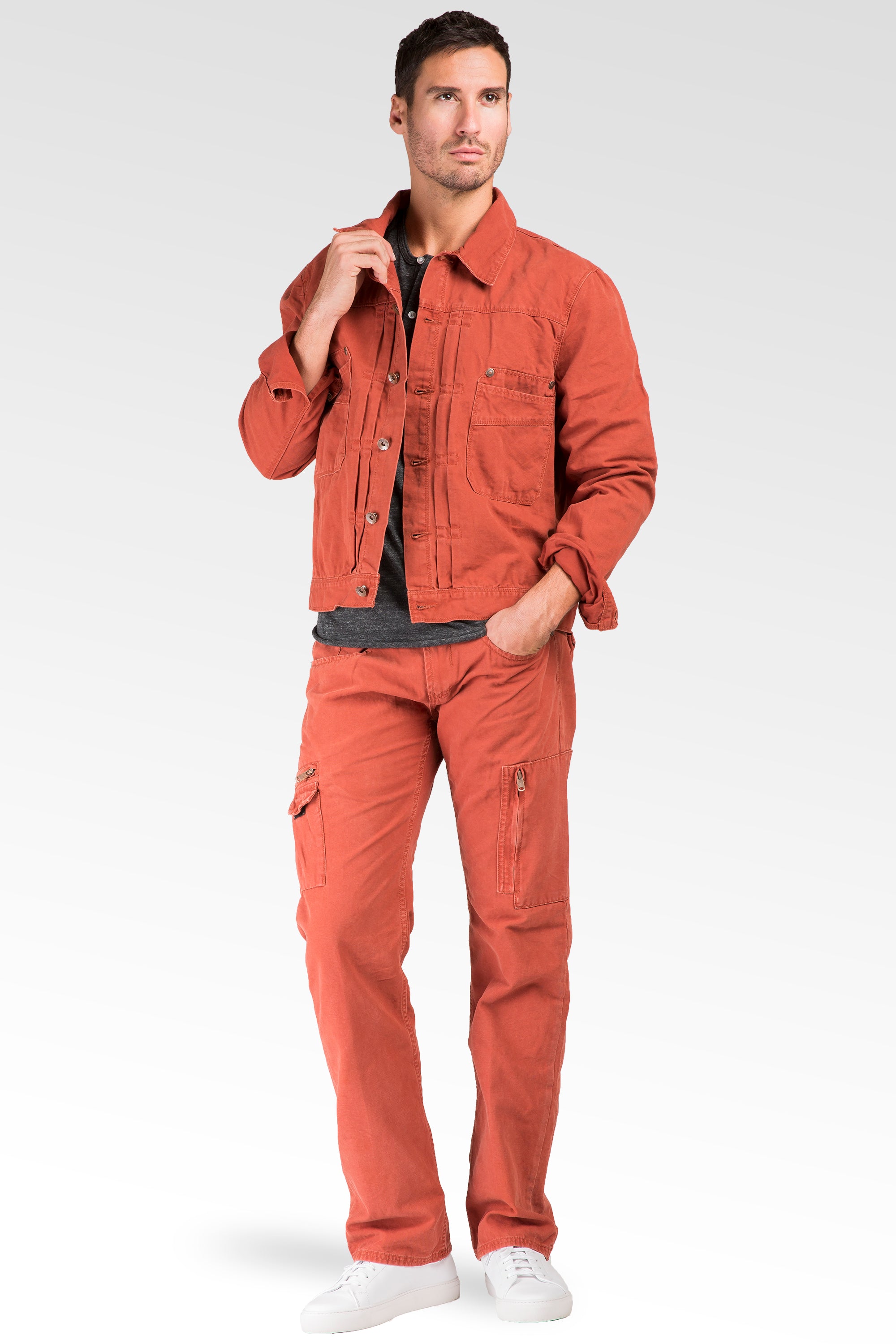 Level 7 Men s Rust Red Canvas Trucker Jacket 100 Cotton Rugged Wash Level 7 Jeans