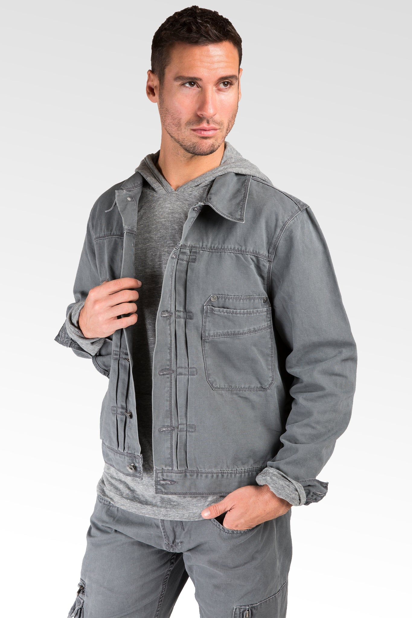 Charcoal Grey Heavy Stone Wash Canvas Trucker Jacket 100% Cotton Rugged & Stylish