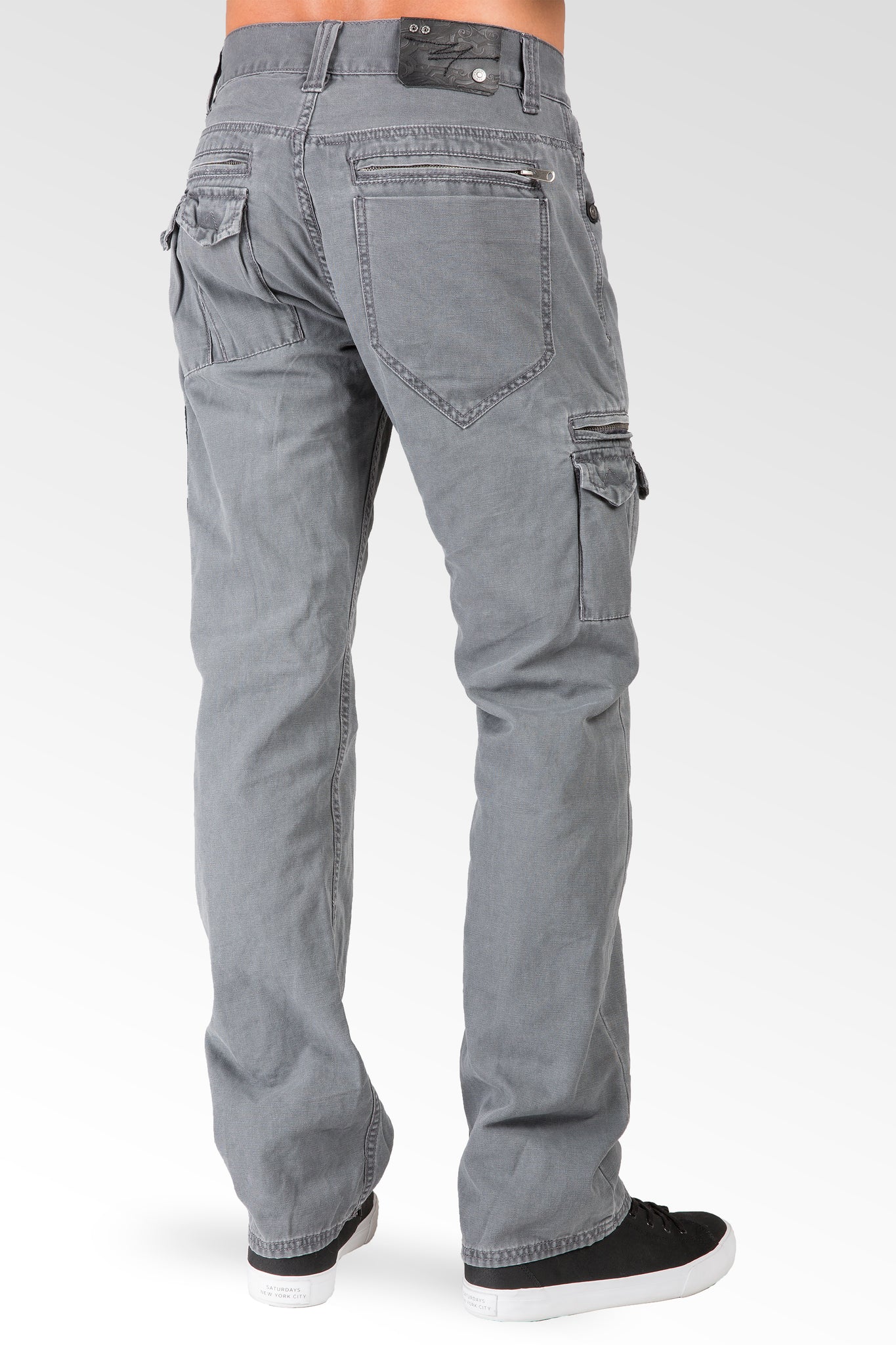 Charcoal Gray Relaxed Straight Premium Canvas Utility Jeans, Cargo Zipper Pockets & Stone Wash