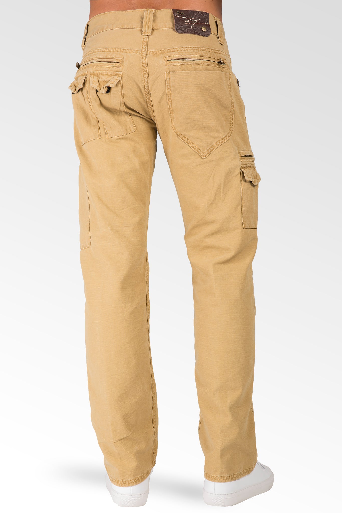 Relaxed Straight Tan Garment Washed Premium Canvas Utility Jeans Cargo Zipper Pockets