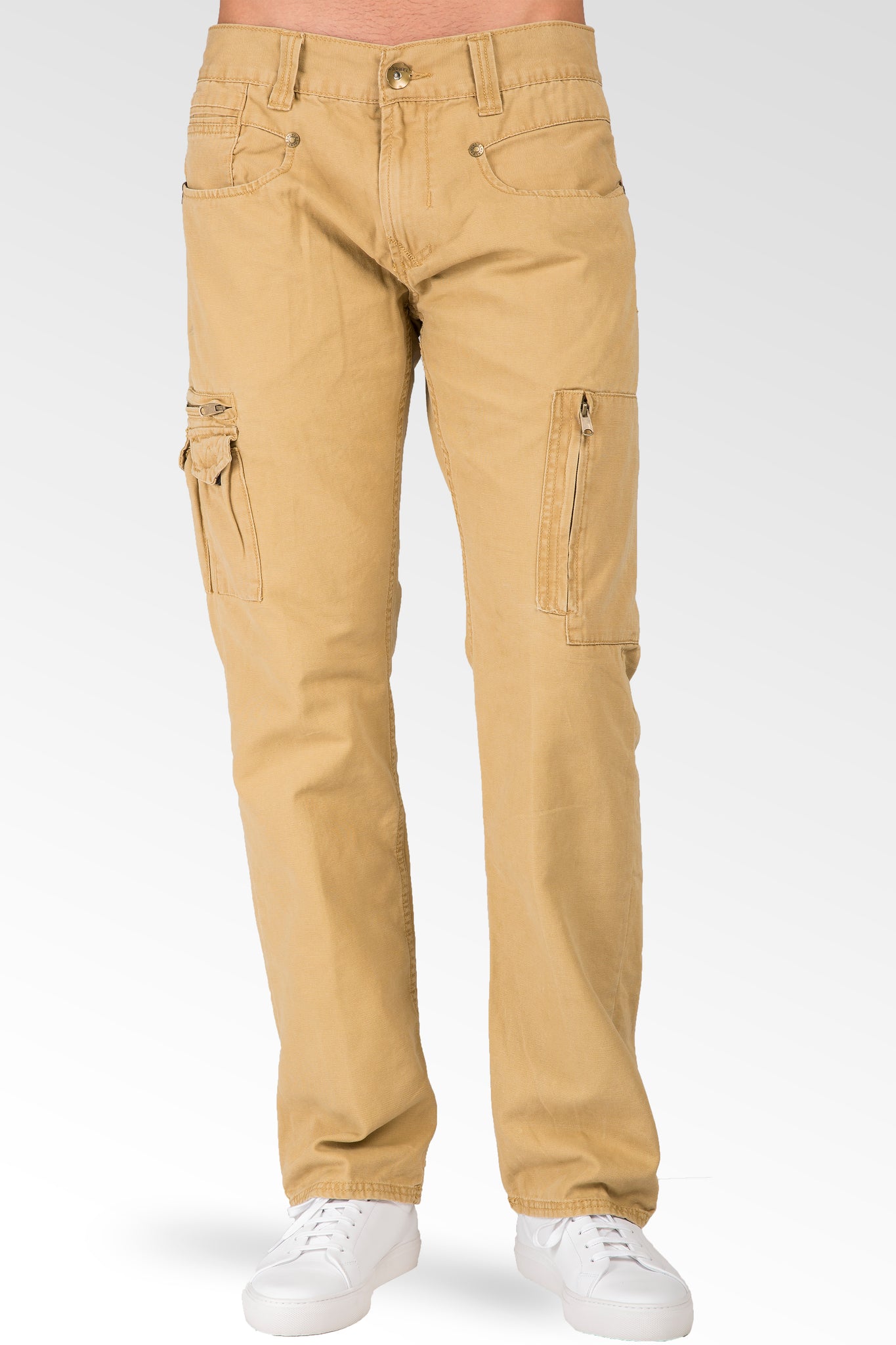 Relaxed Straight Tan Garment Washed Premium Canvas Utility Jeans Cargo Zipper Pockets