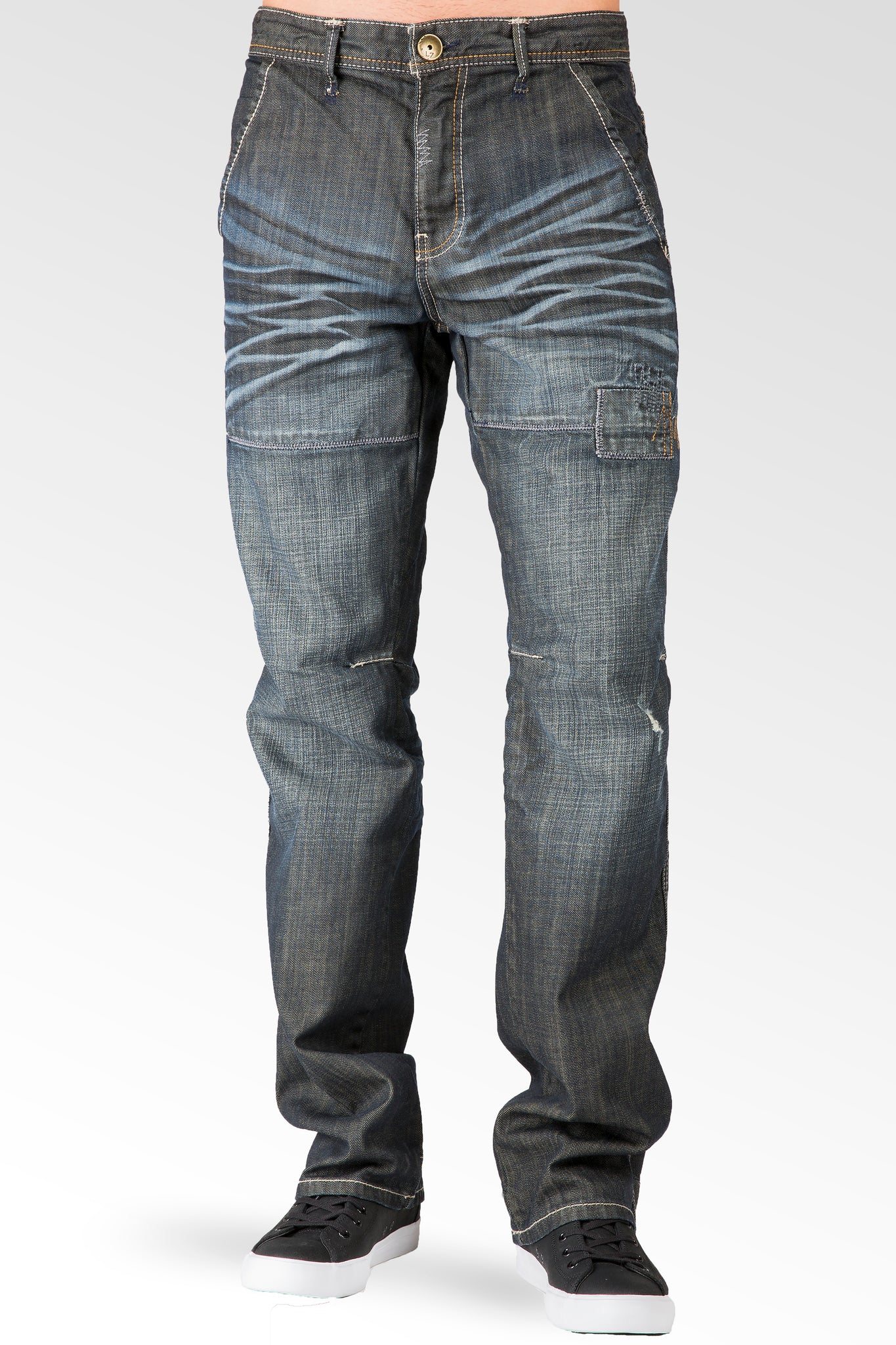 Relaxed Straight Dark Wrinkle Wash Ripped & Repaired Premium Denim Jeans