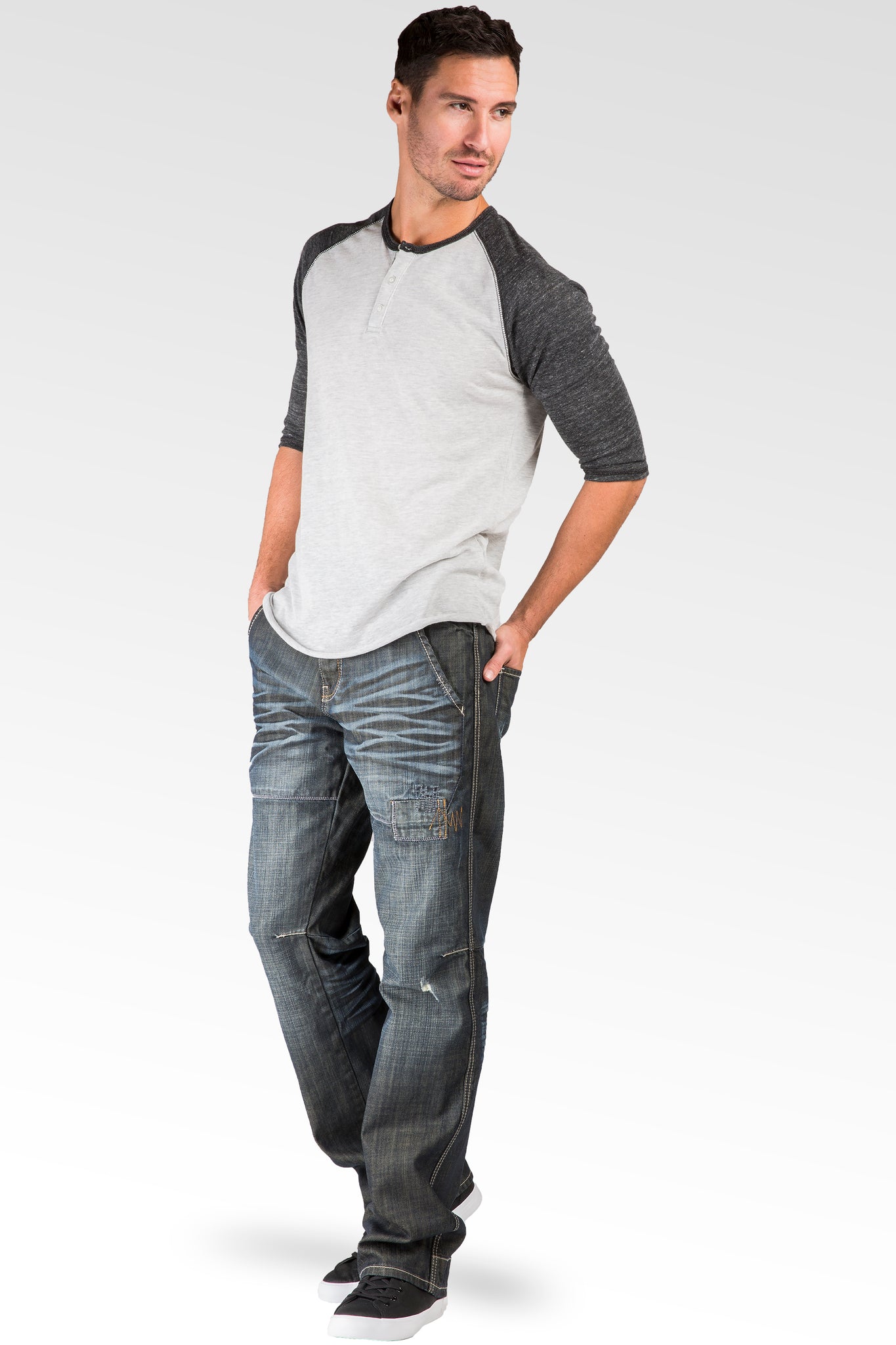 Relaxed Straight Dark Wrinkle Wash Ripped & Repaired Premium Denim Jeans