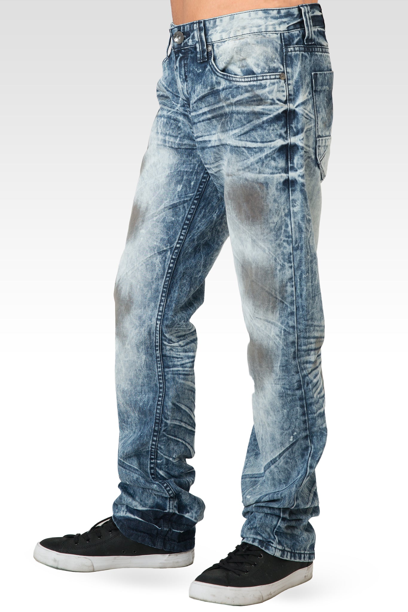 Mens Acid Washed Light Blue Oil Stain Premium Denim Jeans