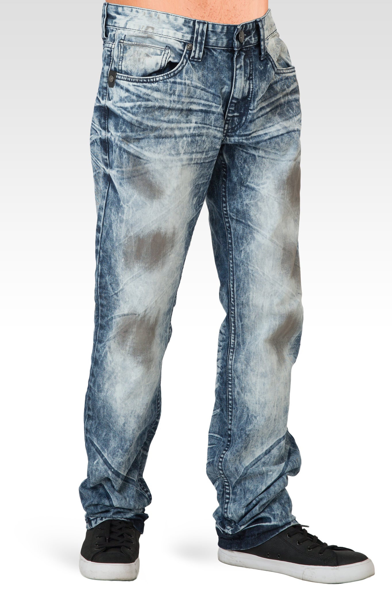 Mens Acid Washed Light Blue Oil Stain Premium Denim Jeans