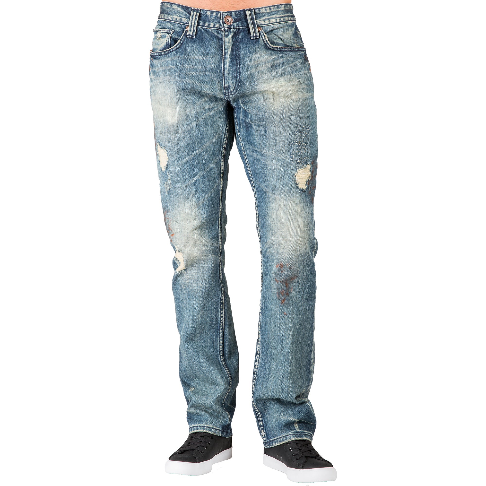 Slim Straight Premium Denim Rip & Tear Signature 5 Pocket Jeans Paint Smudging Sanding