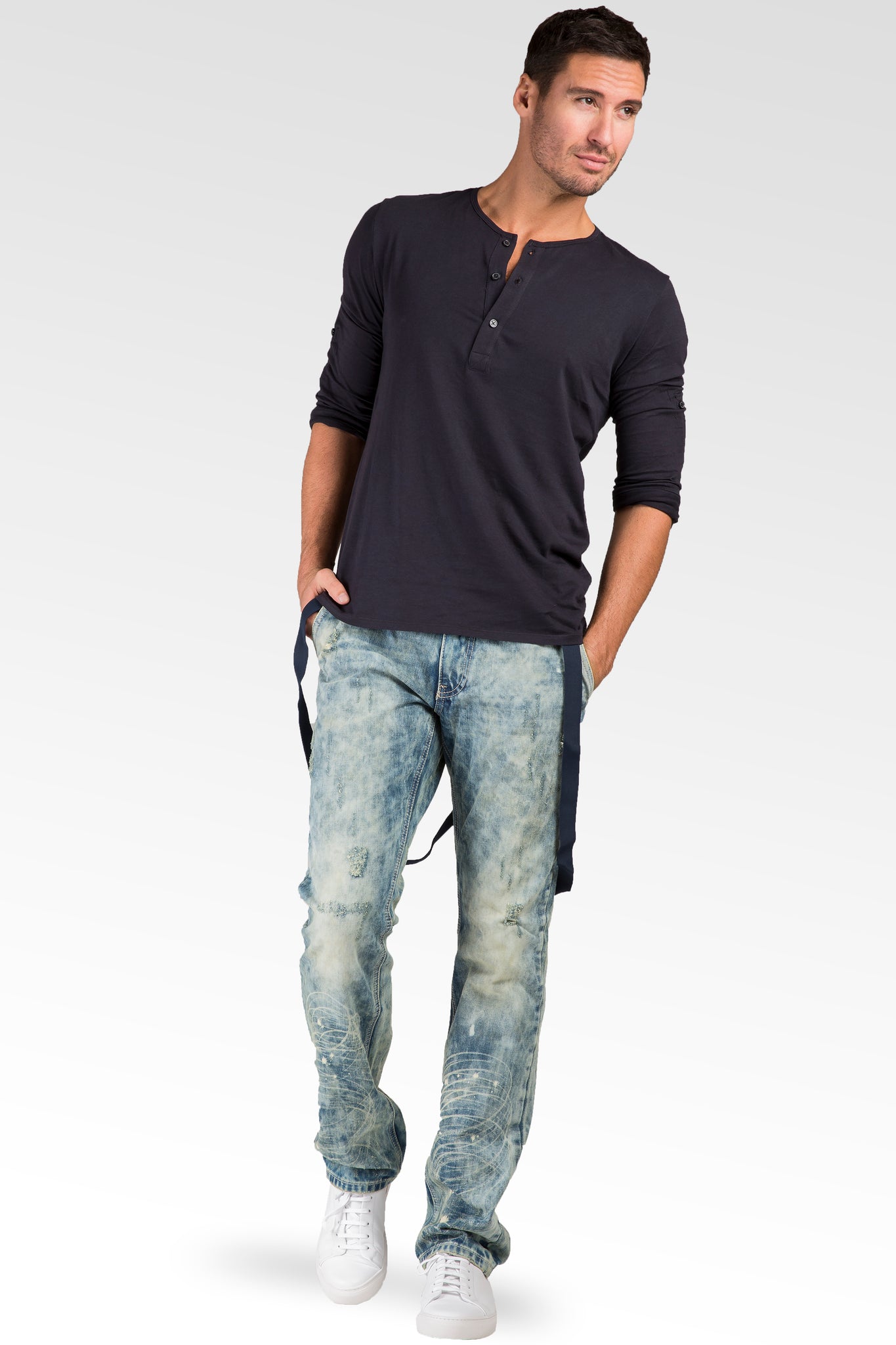 Slim Straight Premium Denim Distressed Acid Washed 5 Pocket Jeans