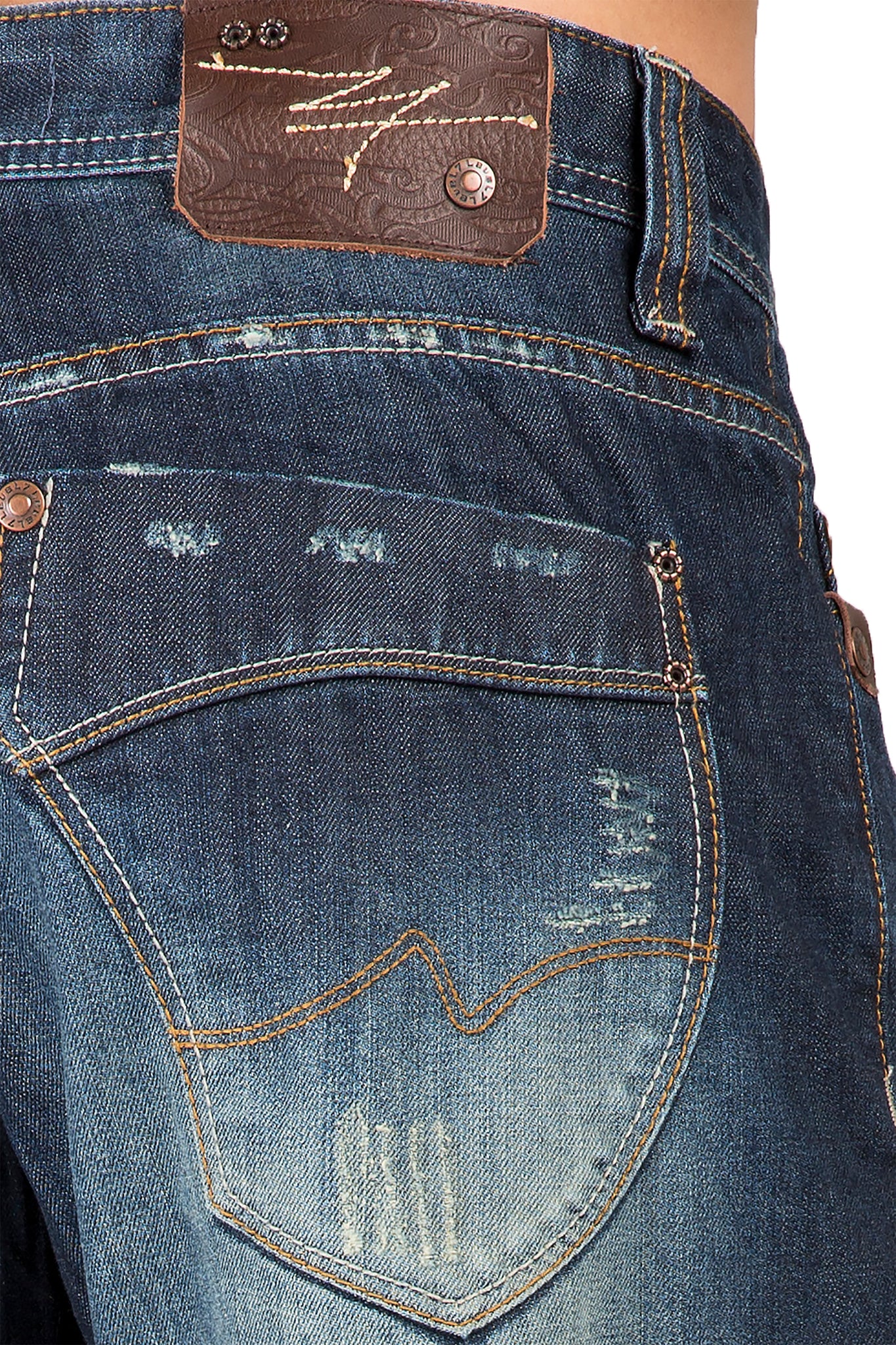 Slim Straight Dark Tinted Blue Hand Rub Premium Denim Signature 5 Pocket Jeans Wrinkle Whiskering