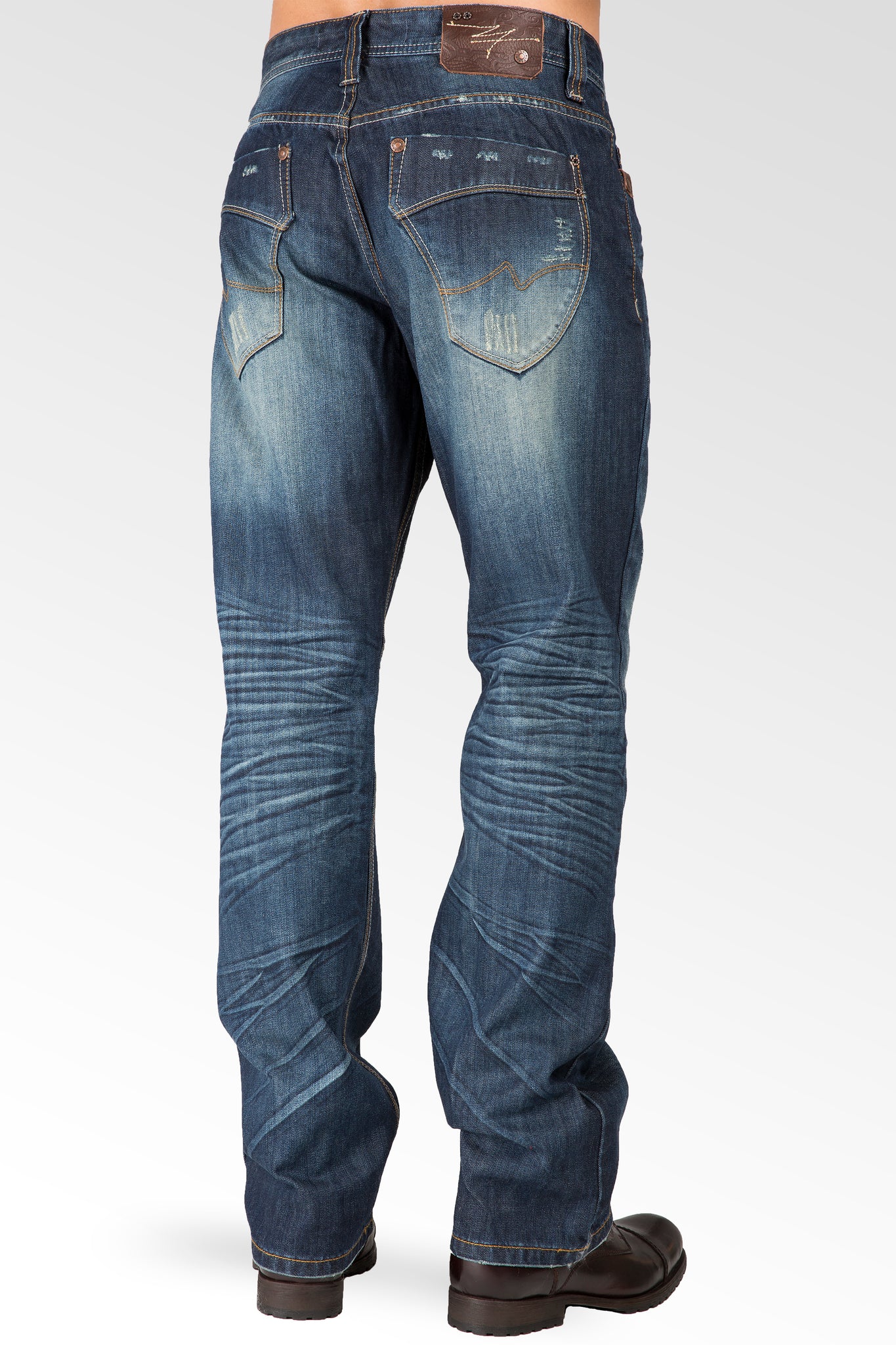 Slim Straight Dark Tinted Blue Hand Rub Premium Denim Signature 5 Pocket Jeans Wrinkle Whiskering