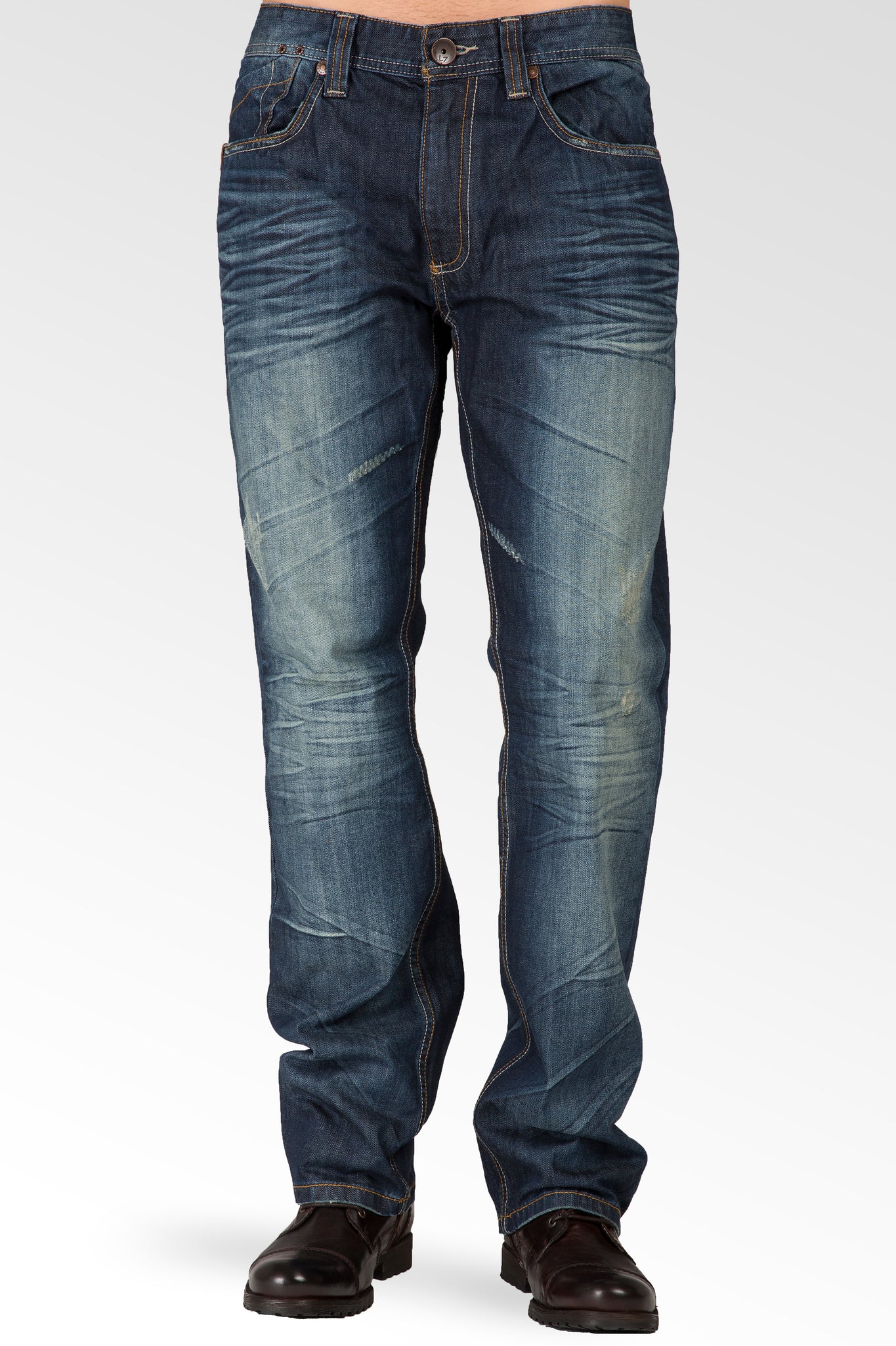 Slim Straight Dark Tinted Blue Hand Rub Premium Denim Signature 5 Pocket Jeans Wrinkle Whiskering