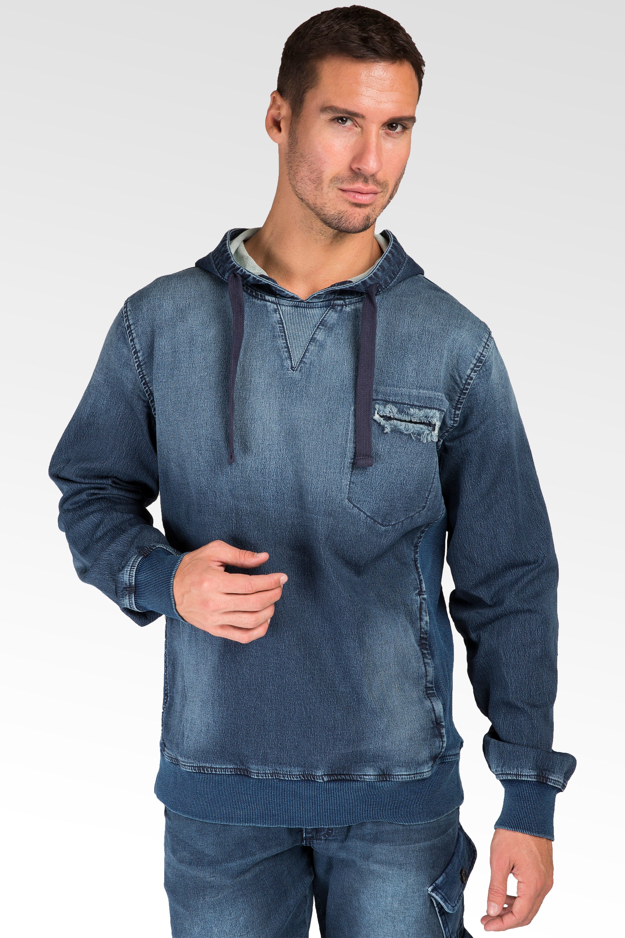 Level 7 Men's Knit Denim Vintage Washed Pullover Hoodie Shirts